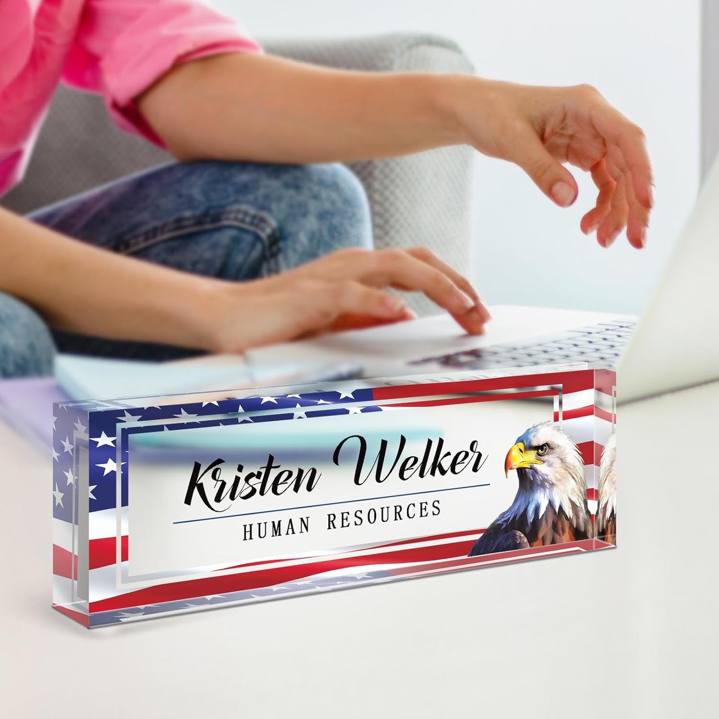 Name Plate for Desk, Desk Name Plate Personalized, Office Decor for Women Men, Acrylic Desktop Accessories, Office Appreciation Gifts for Boss Social Workers Teacher Employee Nurse (Flag B)