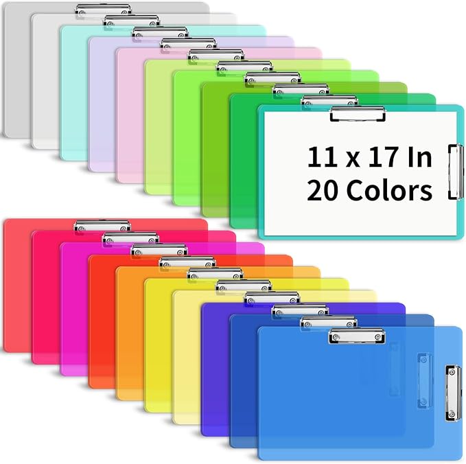 20 Pack 11 x 17 in Plastic Clipboards 20 Colors, Dual Clip Landscape | Portable by UZLUbuywithconfidence
