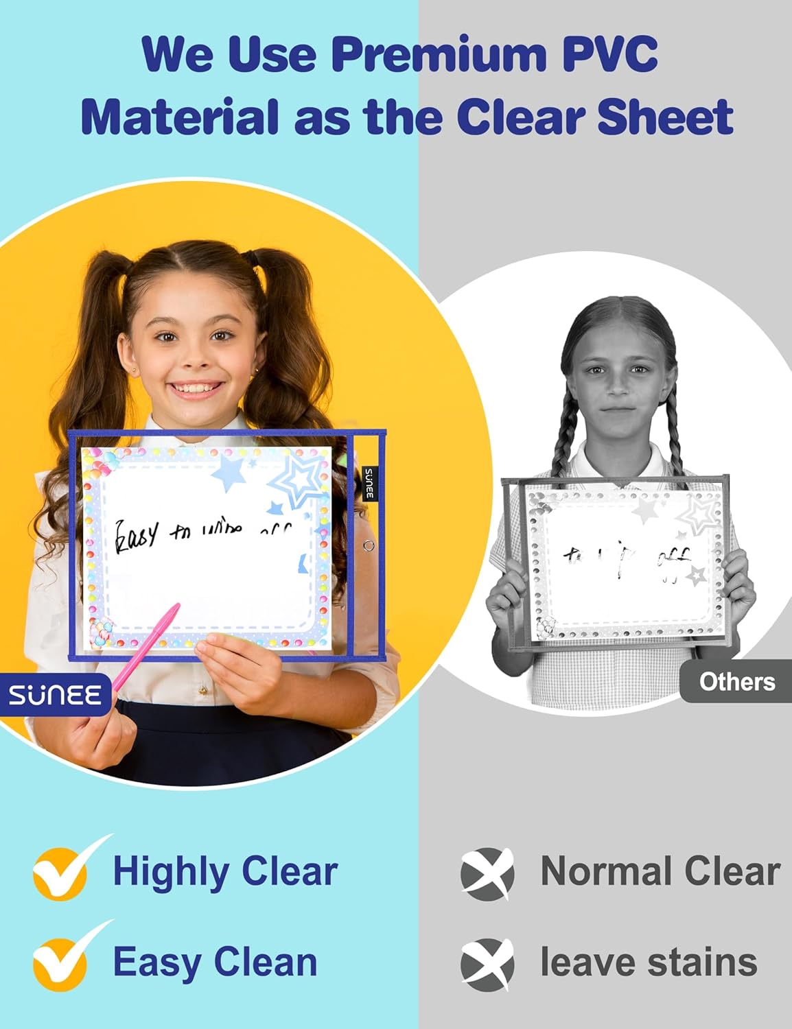 SUNEE 50 Packs Oversized Reusable Dry Erase Pocket Sleeves with 3 Rings, 10 Assorted Colors 10x14 Ticket Holders, Clear Plastic Sheet Protectors, Teacher School Classroom Supplies