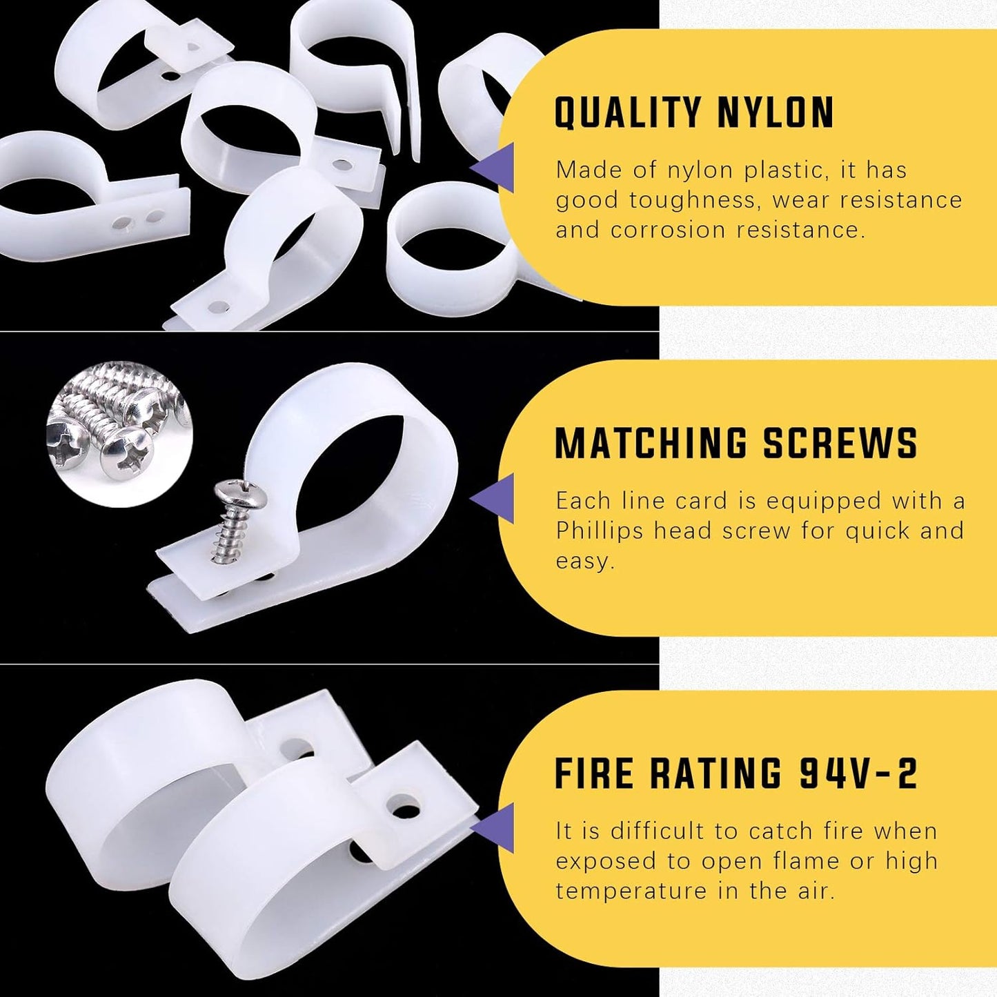 Swpeet 60 Pack White 1 Inch Nylon Plastic R-Type Cable Clips Clamp Kit, Nylon Screw Mounting Cord Fastener Clips with 60 Pack Screws for Wire Management