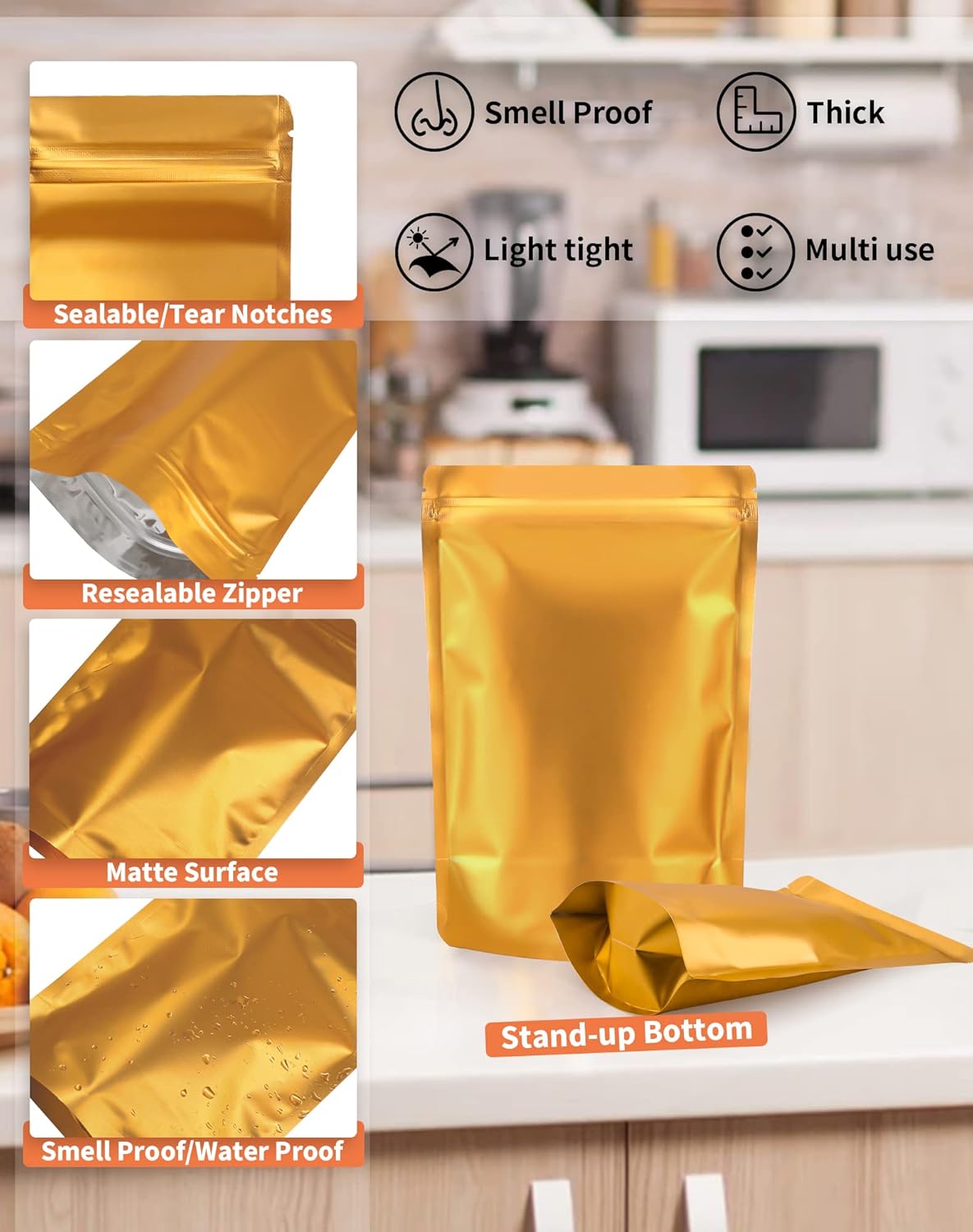 100 Pack Resealable Stand Up Bags,7.1" x 10.2" Smell Proof Pouch Sealable Foil Pouch Bags for Packaging (Gold)