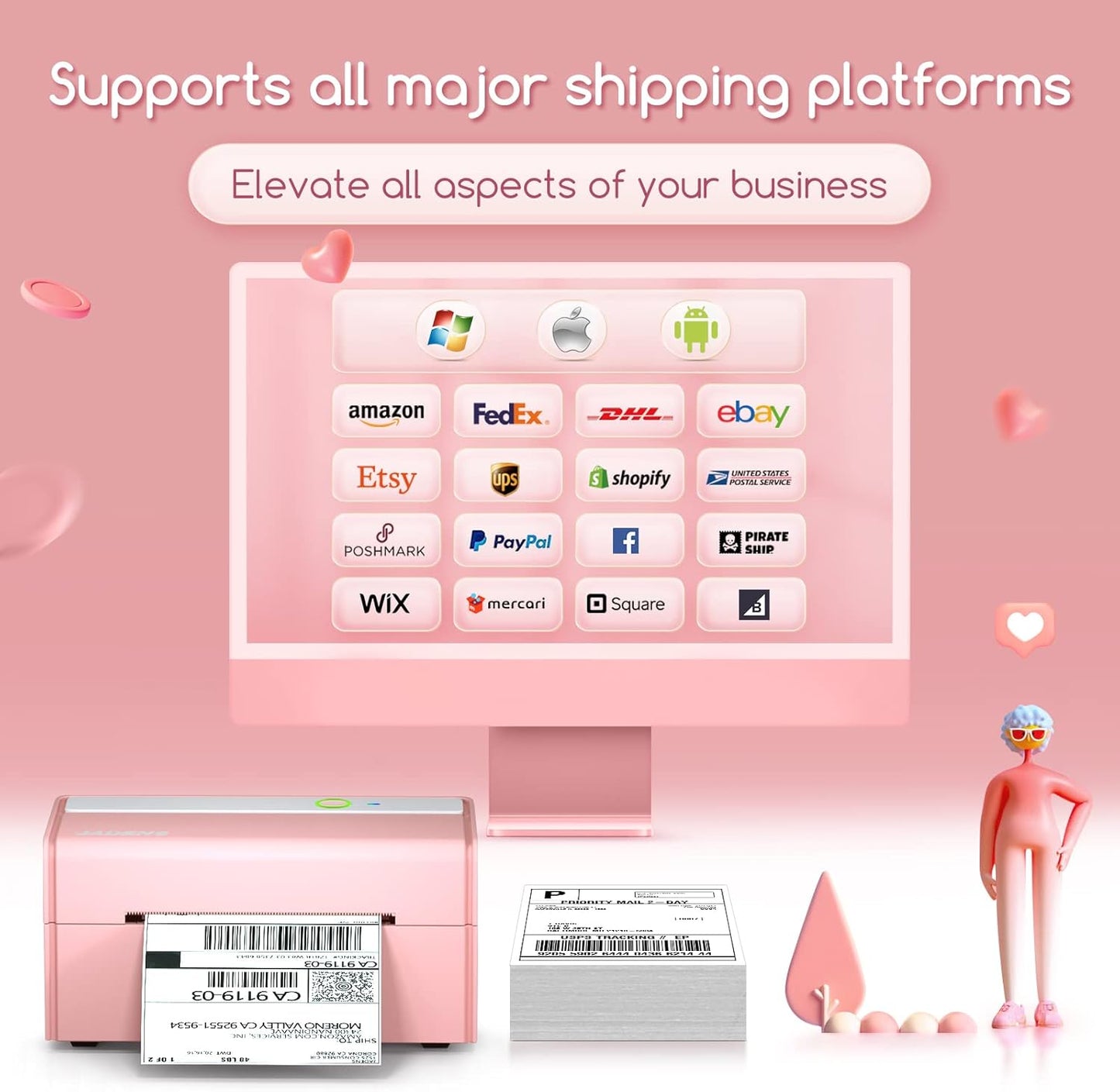 JADENS Bluetooth Thermal Label Printer -Wireless Shipping Label Printer for Small Business & Package, USPS, Etsy, Amazon, Compatible with iPhone, iPad, Mac, Windows, Android, 4x6, Label Maker, Pink