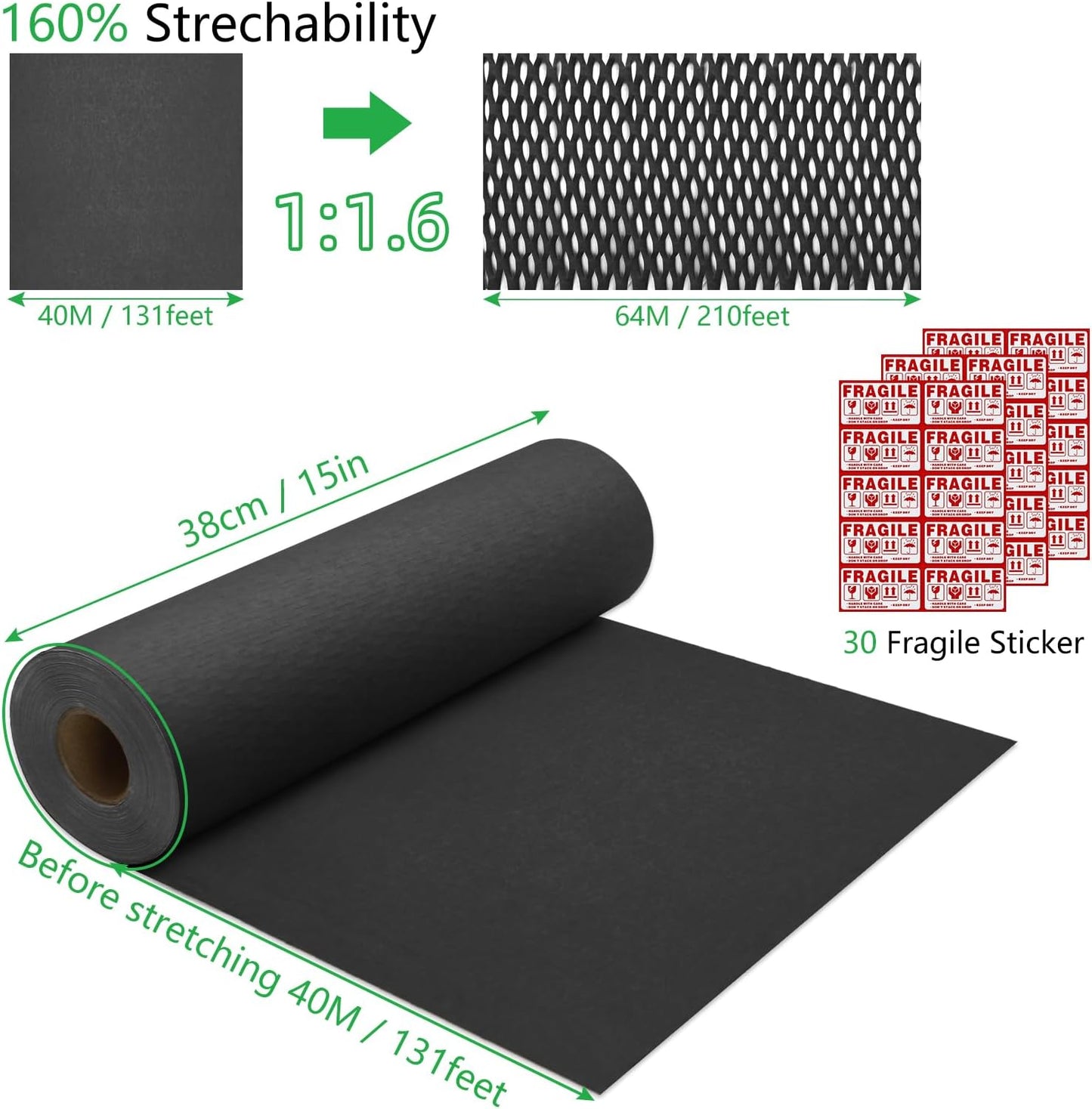 Honeycomb Packing Paper 15"x131' Recyclable Honeycomb Paper Moving Supplies Bubble Paper Wrapping Protective Roll with 30 Fragile Sticker Labels and 66ft of Jute rope (Black)