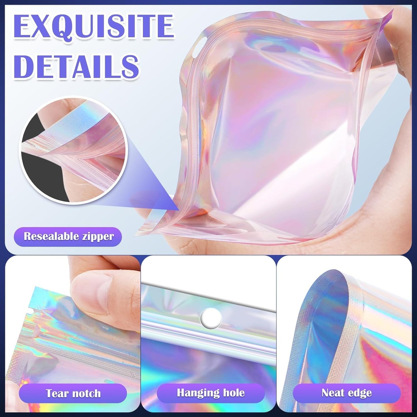 300 Pcs Mylar Bags, Smell Proof Bags Foil Pouch, Holographic Resealable Bags for Small Business, Candy Sample Jewelry Bag Sealable Packaging for Party Favor Food Storage (3x5in)