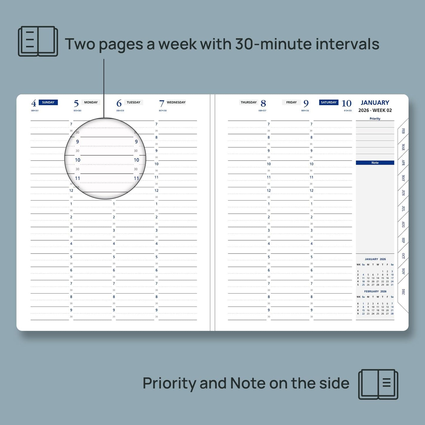 POPRUN 2026 Weekly Planner (Medium 7'' x 8.5''), 30-Minute Hourly Appointment Book (Jan 2026-Dec 2026) with Monthly Tabs, Inner Pockets, Pen Holder, PU Leather Softcover, 100GSM - Black