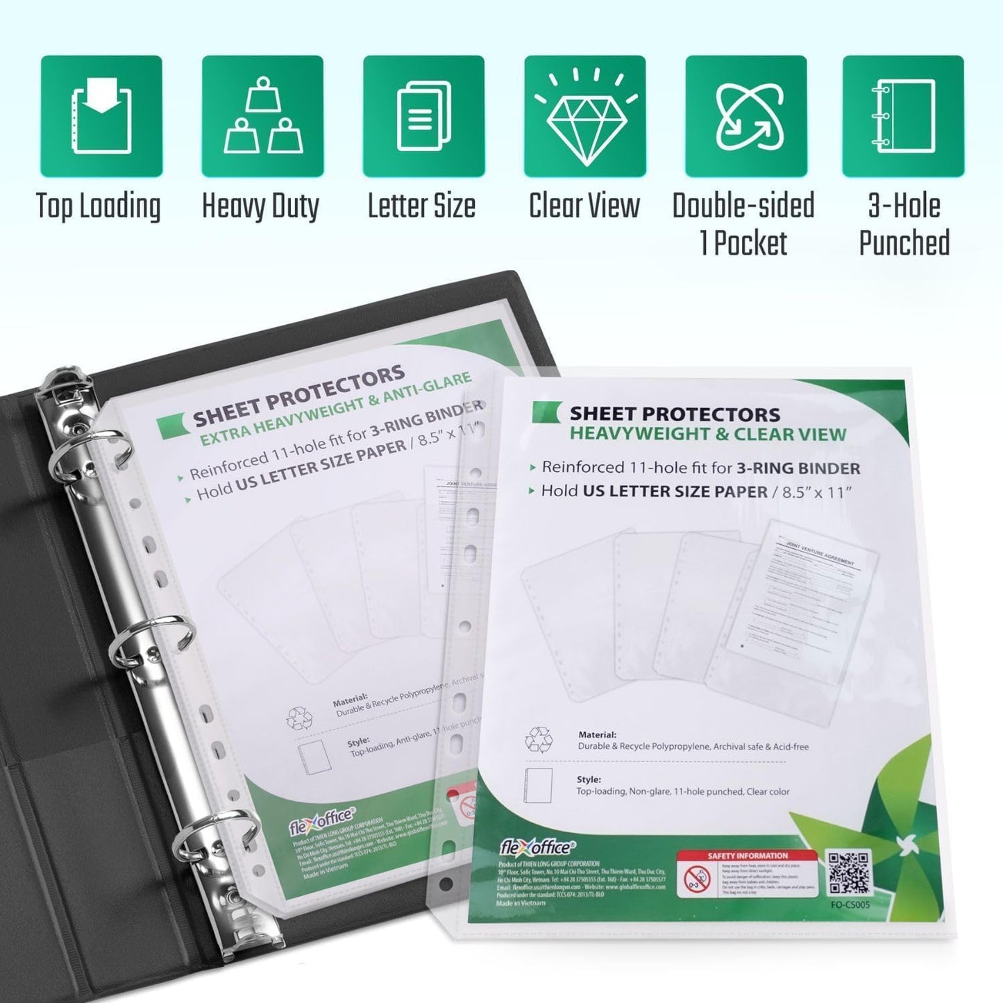 100 Pack, 8.5 x11 Clear Sheet Protectors, Page Protectors Heavy Duty for 3 Ring Binder, Top Loading Plastic Sleeves
