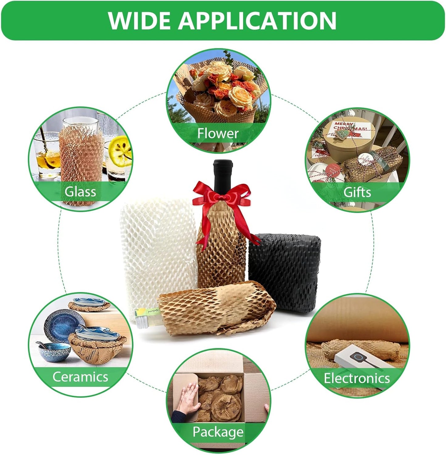 Honeycomb Packing Paper PINENUTS 15" x 131' Eco Friendly Packing Paper for Moving Recyclable Honeycomb Paper Bubble Paper Wrapping with 30 Fragile Sticker Labels and 66fthemp rope (White)