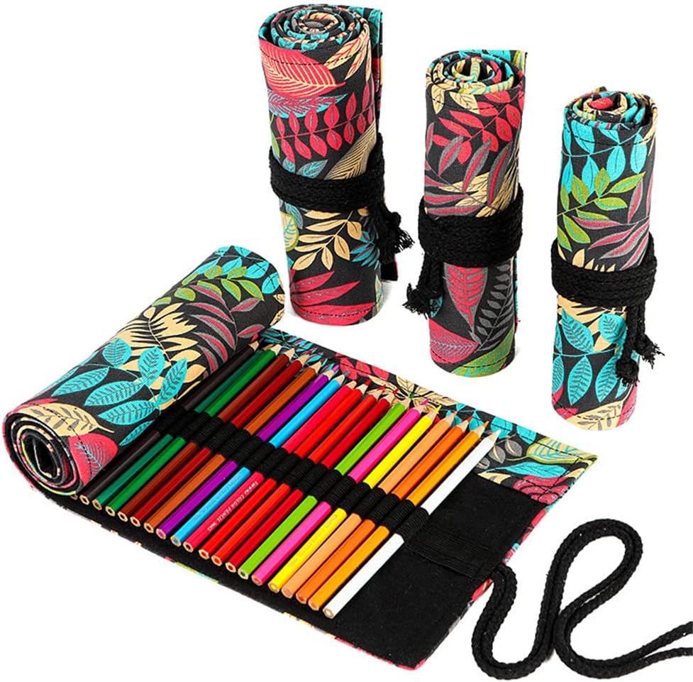 DIYOMR 24/36/72 Slots Pencil Wrap Pencil Rolls, Artist Colored Pencils Roll Up Bag Short Brushes Pouch Case Pencils Organizer for Drawing Coloring and Sketching (Colorful Leaves, 24slots)