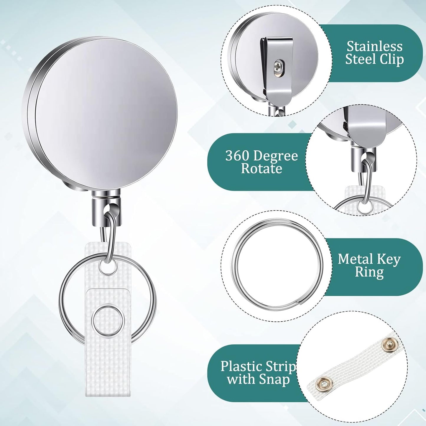 Leelosp 20 Pack Heavy Duty Retractable Badge Holder Reel Metal ID Badge Holder with Belt Clip Keyring Retractable Clip Bulk Card for Work Employee Doctor Nurse Gifts (Glossy Silver)