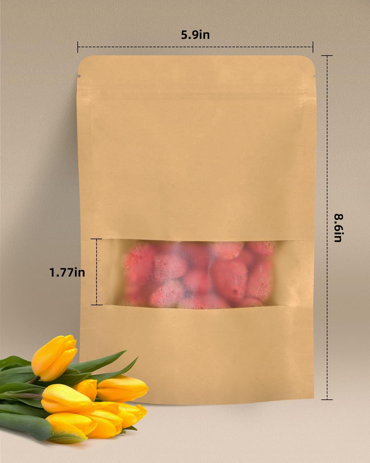50pcs Kraft Bags with Window 5.9x8.6 Inches Brown Reusable Sealable Zip Lock Food Storage Stand up Paper Pouches for Home or Business