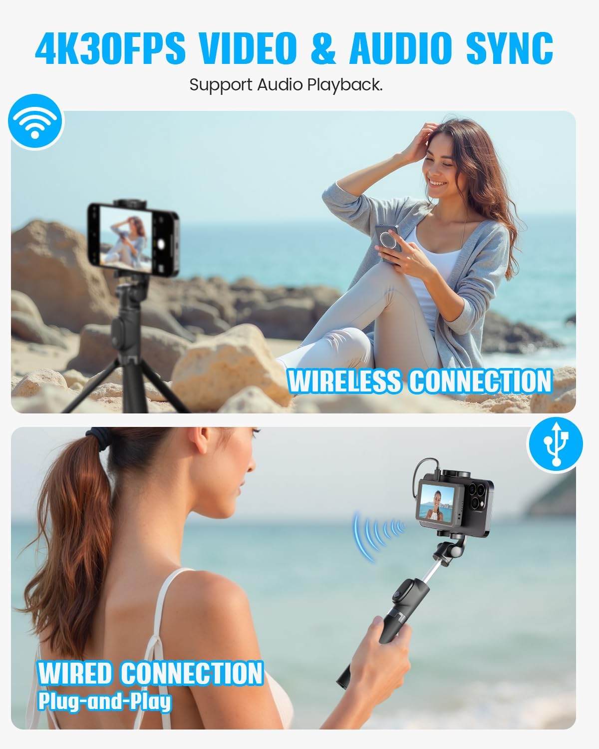 Vlog Selfie Monitor Screen, Magnetic Phone Selfie Screen 4K/1080p 60fps Bluetooth Remote, Back Camera Monitor Built-in Speaker for Vlog Live Stream TikTok (Grey)