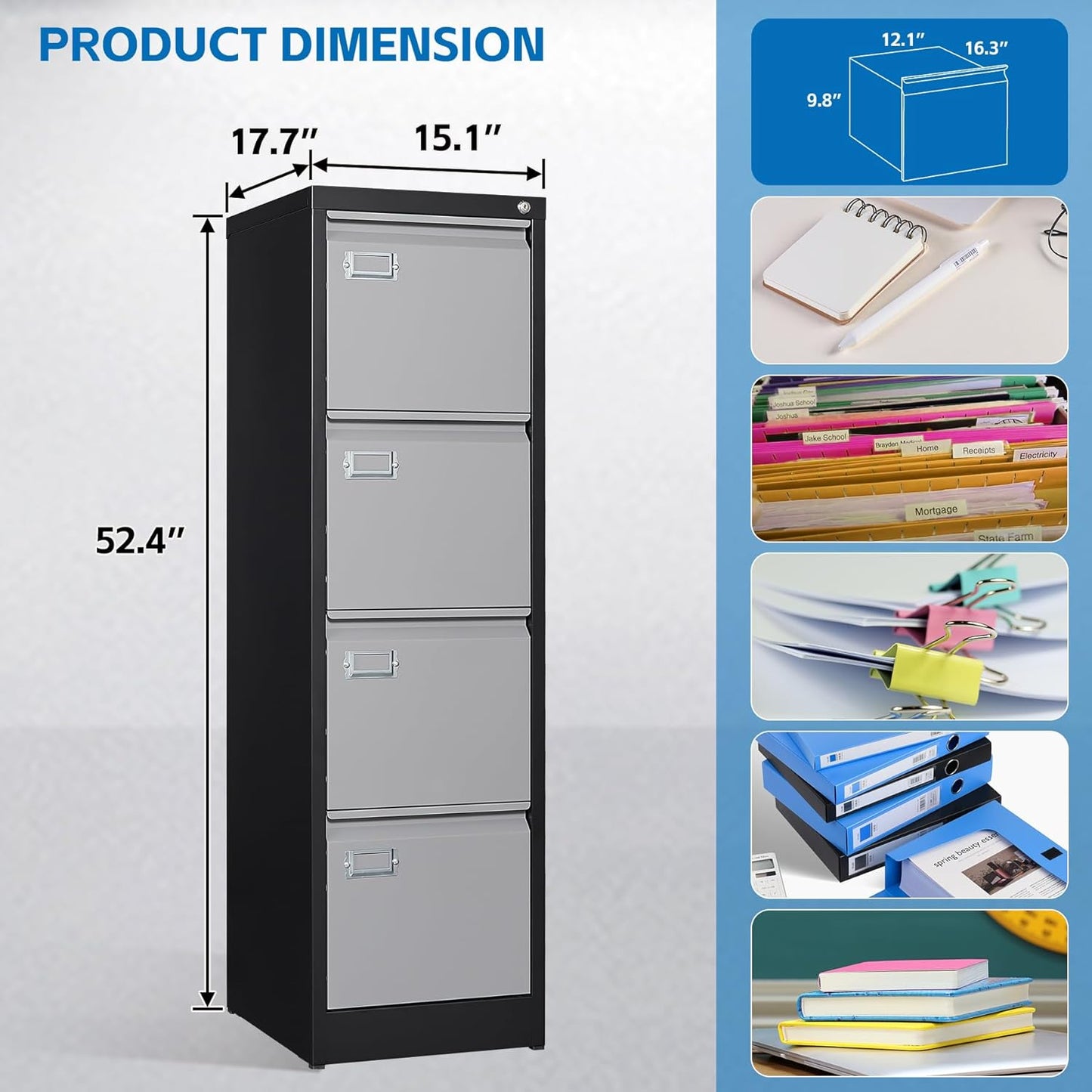 4 Drawer File Cabinet with Lock Metal Vertical Filing Cabinet Office Home Lateral File Cabinet for A4 Legal/Letter Size,Assembly Required (Black Gray, 4 Drawers-Vertical)