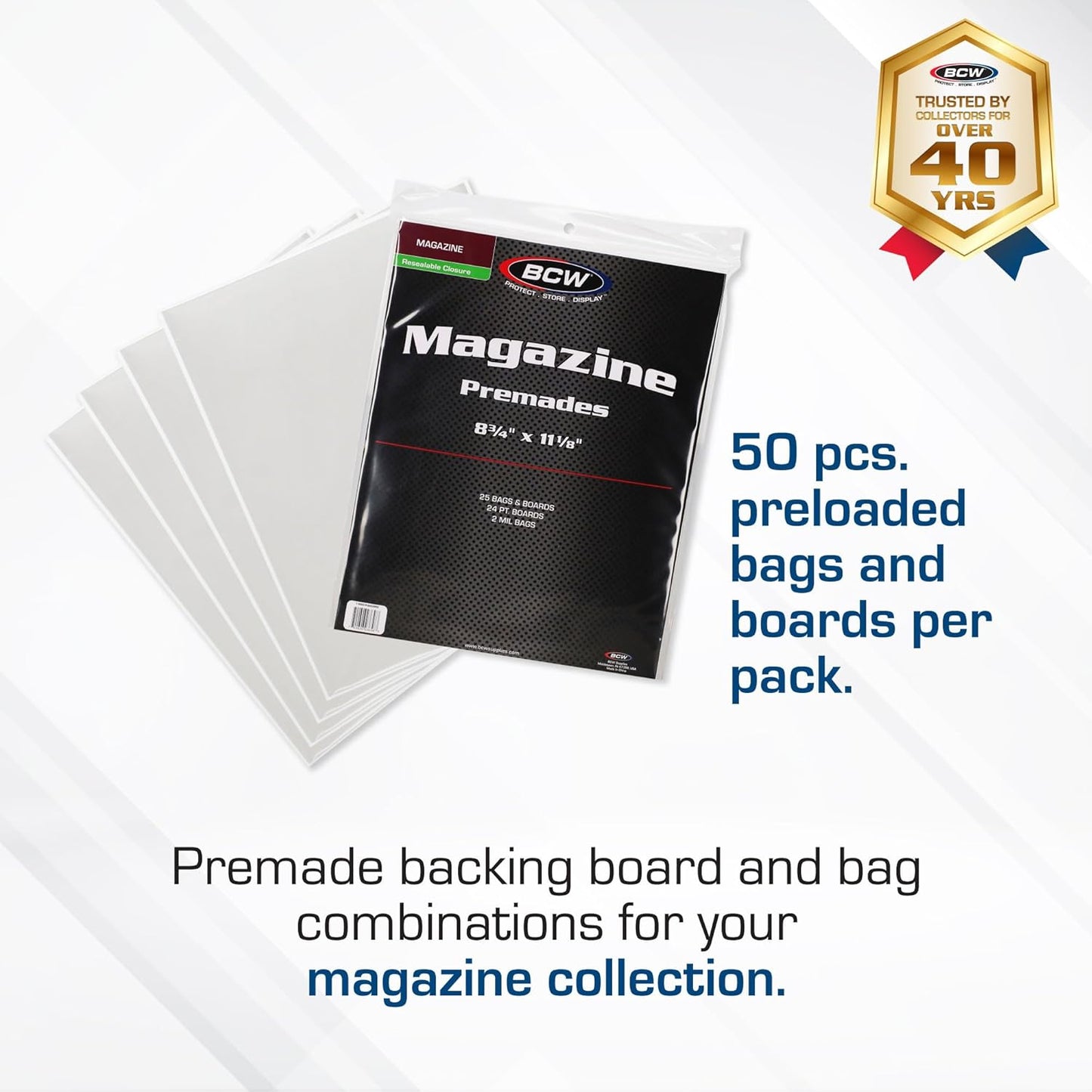 BCW Magazine Bags and Boards – (50 Pack) | Premade Non-Resealable Magazine Protectors | Standard Size 8 ¾" x 11 ⅛" | Magazine Sleeves and Boards Pre-Loaded for Storage and Display