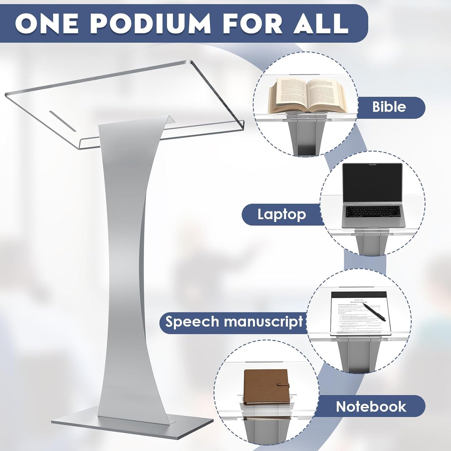 42.5" Acrylic Podium Stand, Pulpits for Churches with Iron Stable Bottom, Lectern with 10MM Thickened Acrylic Countertop, Multi Function Pulpit for Classroom Music Concert Wedding Conference