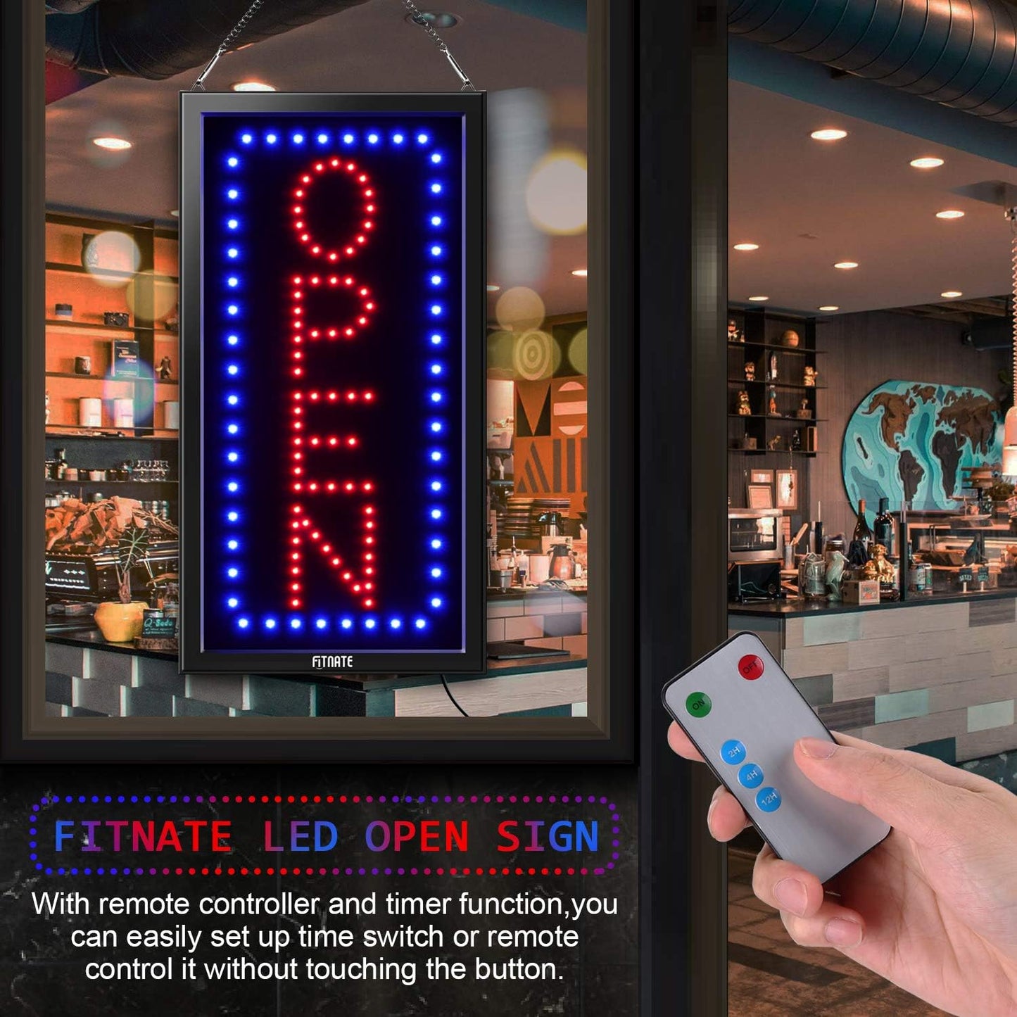FITNATE LED Open Sign with Remote Control, Timing Function, Ultra Bright Vertical Light up Sign, Flashing & Steady Lighting Modes, Open Signs for Business Window, Wall, Bar, Hotel(19'' X 10'')