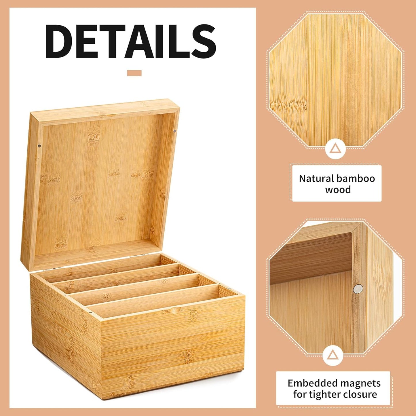 Henoyso 5 x 8 Inches Index Card Holder Set, Bamboo Recipe Box Organizer Index Cards Organizer, 50 Pcs Dividers 2 Sheets Alphabet Number Stickers File Note Holders for Office Business Home Kitchen