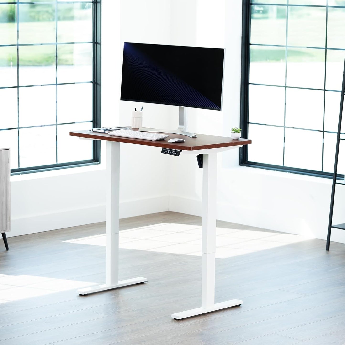 VIVO Electric 43 x 24 in Standing Desk, Memory Height Adjustment, 1B Series, One-Piece Dark Walnut Top, White Frame, DESK-KIT-1W4D