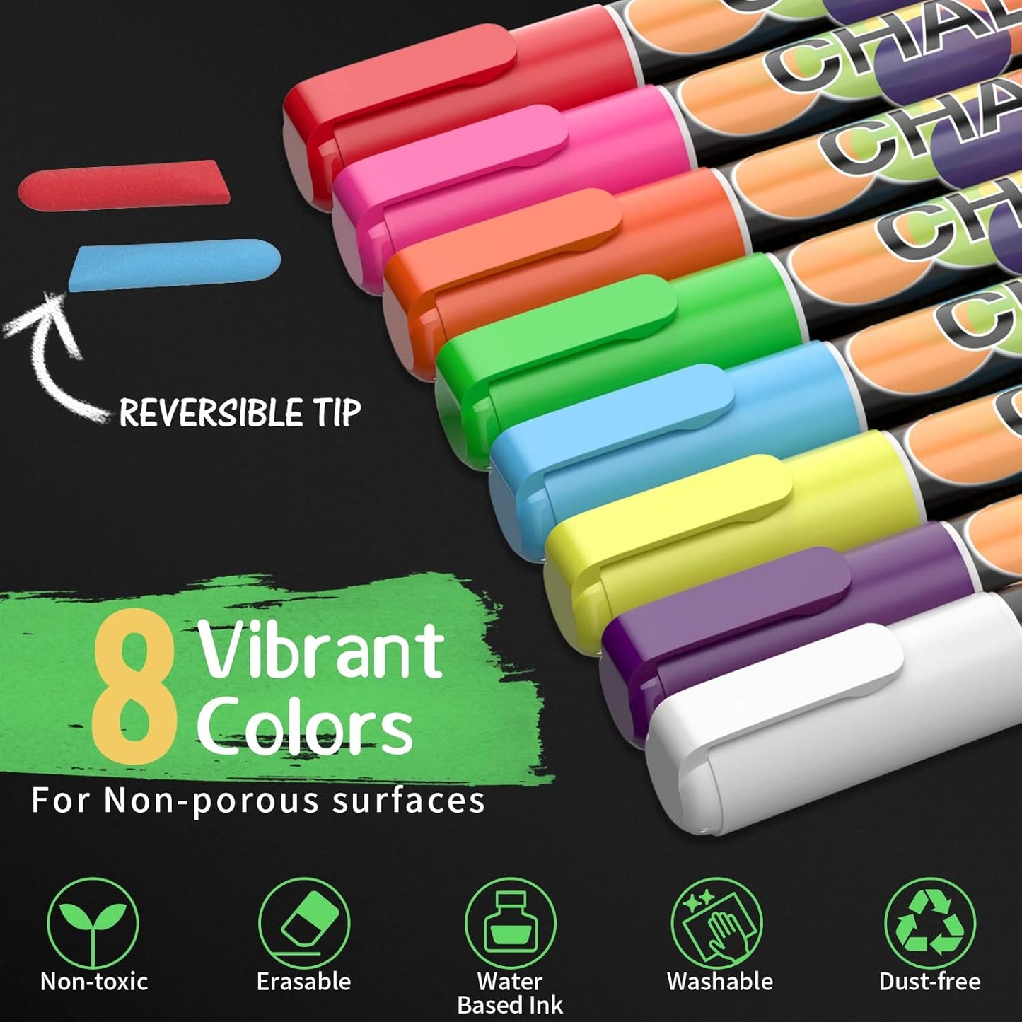 Liquid Chalk Markers Pens - 8 Colors Washable & Wet Erase Neon Chalk Makers for Blackboard, Chalkboard Signs, Glass Window, Graduation Celebration School Kids Art - Erasable Window Markers for Cars