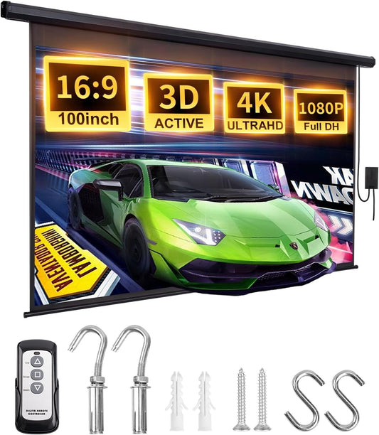 Projector Screen Motorized 100 Inch Electric Projector Screen with Remote Ceiling Mount Hooks, Pull Down Retractable Projection Screen Movie Screen Black 16:9, Automatic Projector Screen Roll Down