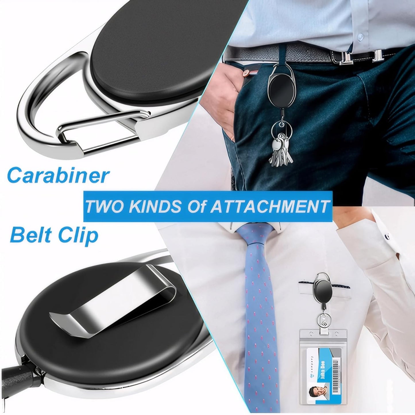 5 Pack Heavy-Duty Retractable Badge Holders with Carabiner Clip and Key Ring, Black ID Badge Reel for Office, ID Card Holder and Key Chain