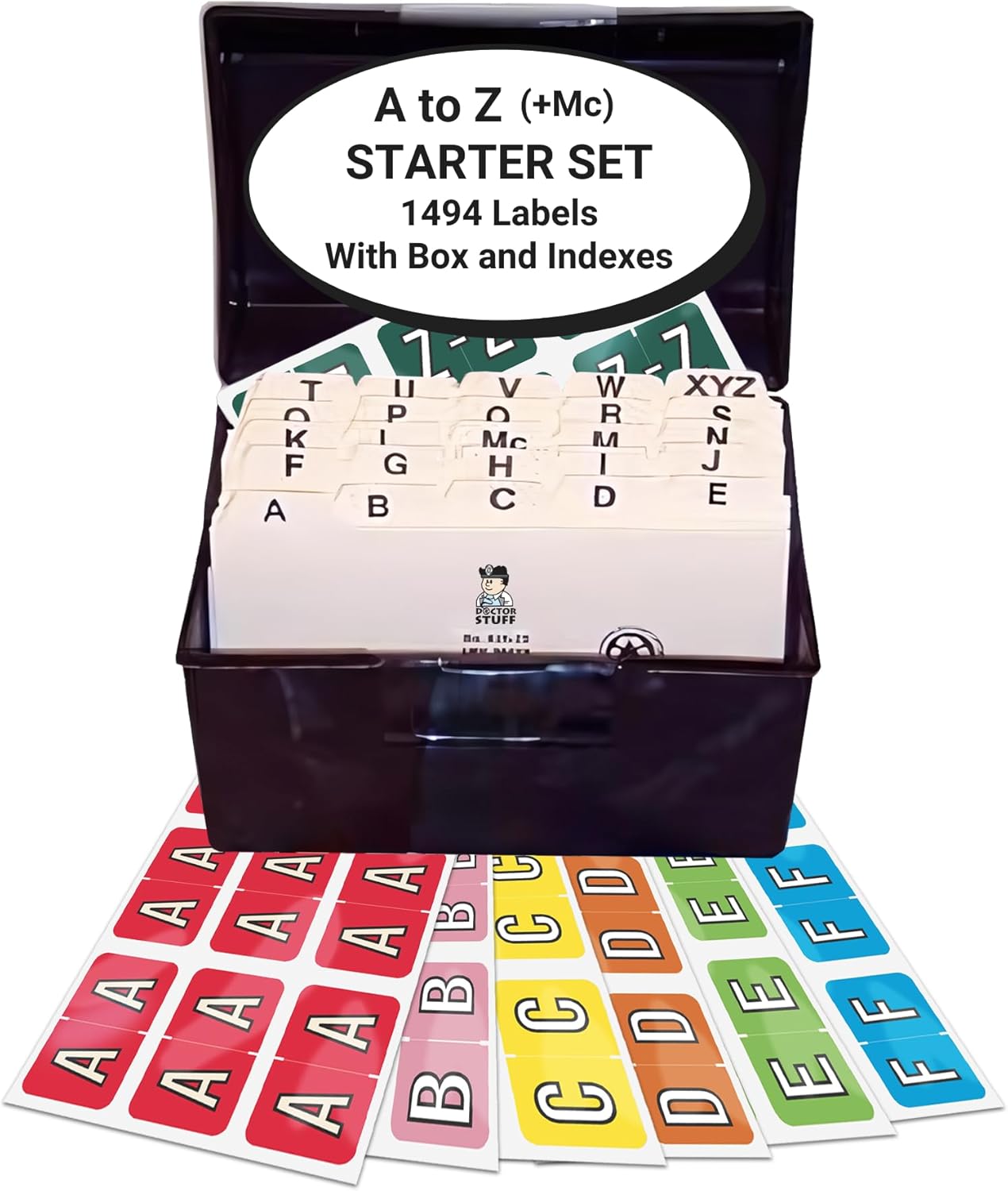 Alphabet Labels for File Folders, A to Z Plus Mc Desk Set with File Box and Indexes, Doctor Stuff, 1494 Labels, Barkley/Sycom FABKM - BRAM Series Compatible Stickers, Medical Chart Color Code Labels