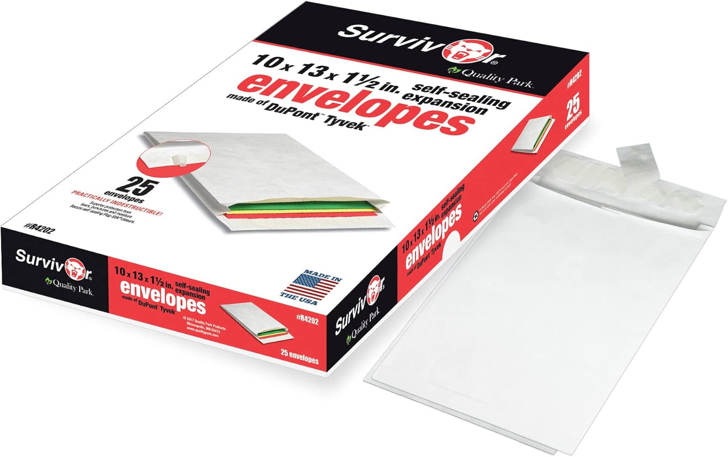 Quality Park Survivor Lightweight 14 lb Tyvek Open End 1.5" Expansion Mailers, 13 1/2, Square Flap, Redi-Strip Closure, 10 x 13, White, 25/Box