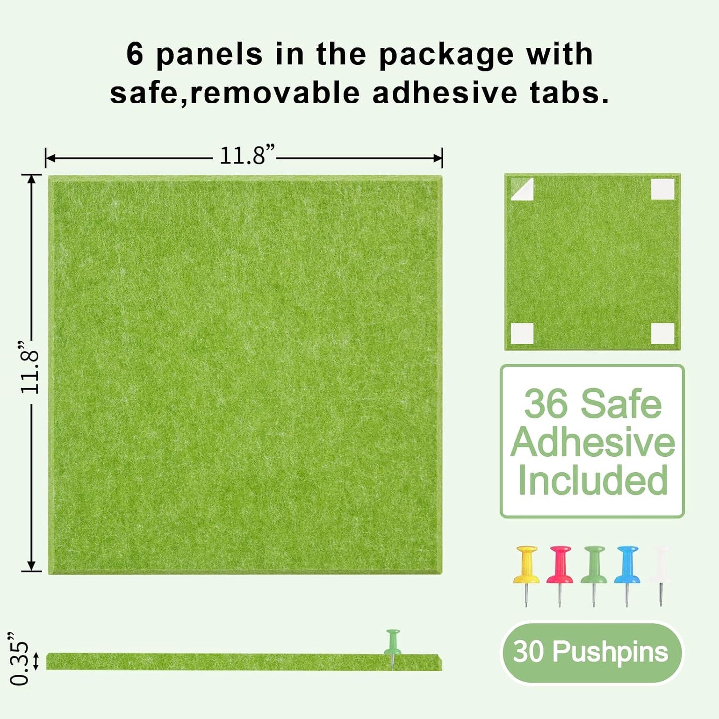 Large Cork Board for Wall 6 Pack, Bulletin Board 36" X 24", Felt Board Wall Tiles with 72 Damage-Free Removable Pads & Push Pins, Alternative Pin Board Cork Board for Office Home, Green
