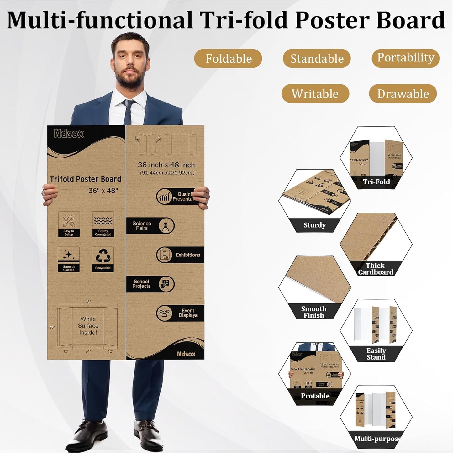 Ndsox 2 Pack 36" x 48" White Trifold Poster Board Large Corrugated Tri Fold Business Presentation Boards Picture Posterboard for Science Fairs, School Projects, Event Displays, Art Exhibitions