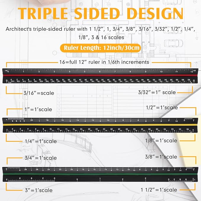 Macarrie 10 Pcs Architectural Scale Ruler 12" Architect Engineers Scale - Image 3