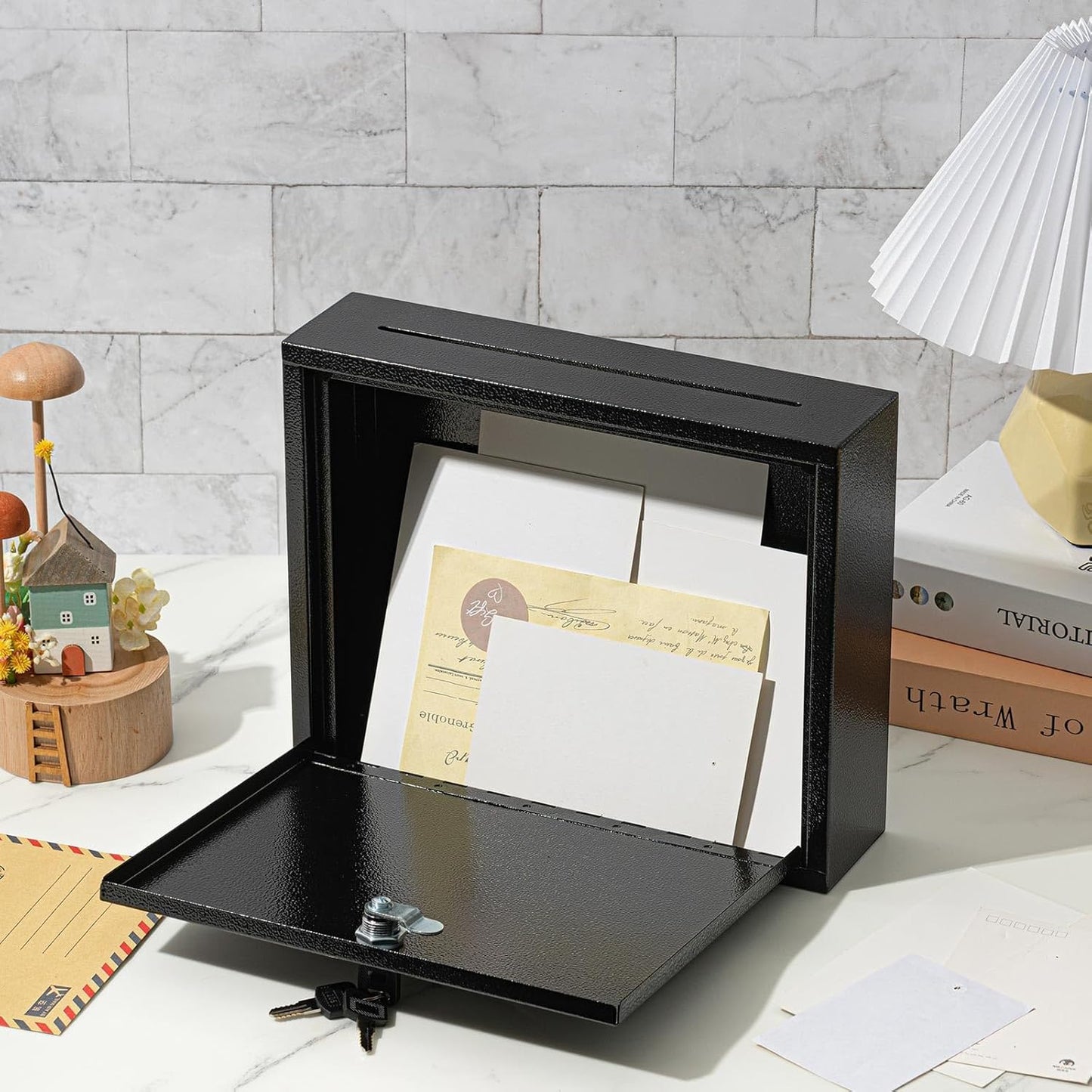 Metal Donation Box Suggestion Box with Slot and Lock-Cash for Money-Waterproof Drop Comment and Ballot Voting for Easy Wall mounting(Black,12 x 10 x 3 Inches)