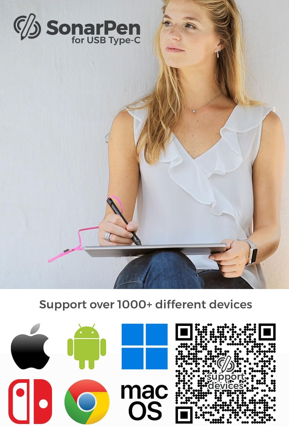 SonarPen (USB C): Pressure Sensitive Stylus Pen, with Palm Rejection and Shortcut Button. Battery-Less. Compatible with Apple iPhone/iPad/Android/Switch/Chromebook/Windows/Mac (Black)