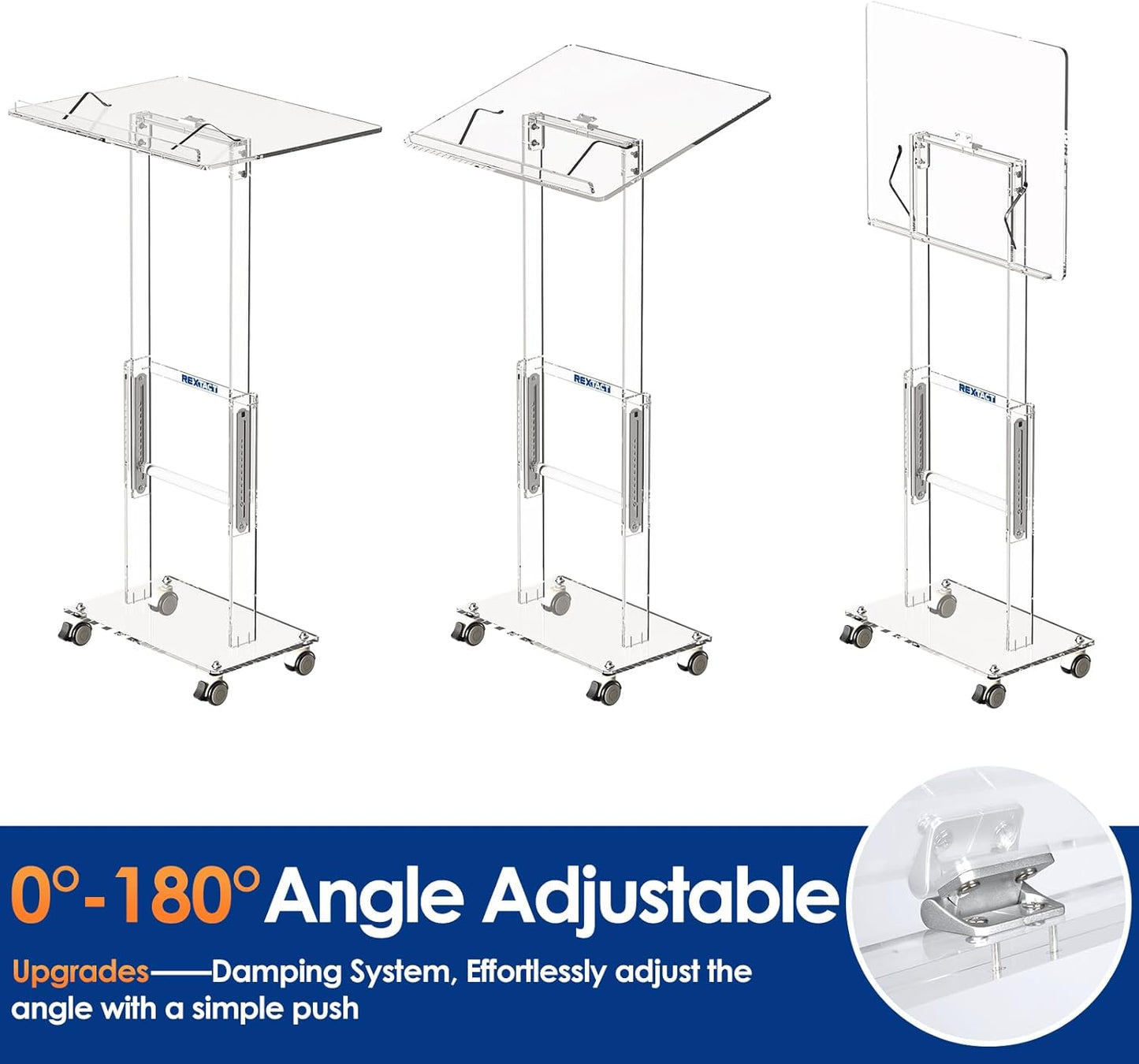 Acrylic Podium Stand,49"H Rolling Podium with Lockable Wheels,Height & Angle Adjustable Lecterns & Podiums, Portable Podium for Classroom,Teachers,Pulpits for Churches,Speech