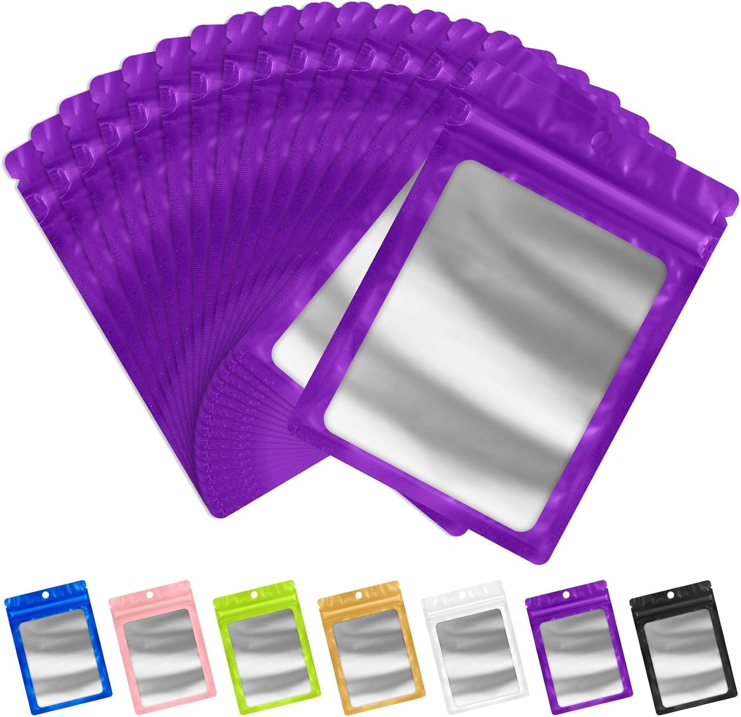 FUNFERY 100 Pack Mylar Resealable Bags Foil Packaging Bags with Clear Window,Zipper Pouch Smell Proof Bag for Food Storage,Cookies,Sample,Small Business(Purple,4x6inch)