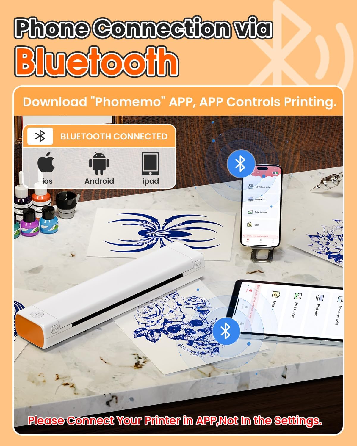Phomemo Tattoo Stencil Printer, M08F Wireless Thermal Tattoo Printer with 10pcs Transfer Paper, Compatible with Phone/Tablet/PC, Tattoo Supplies for Tattoo Artists & Beginners, White & Orange
