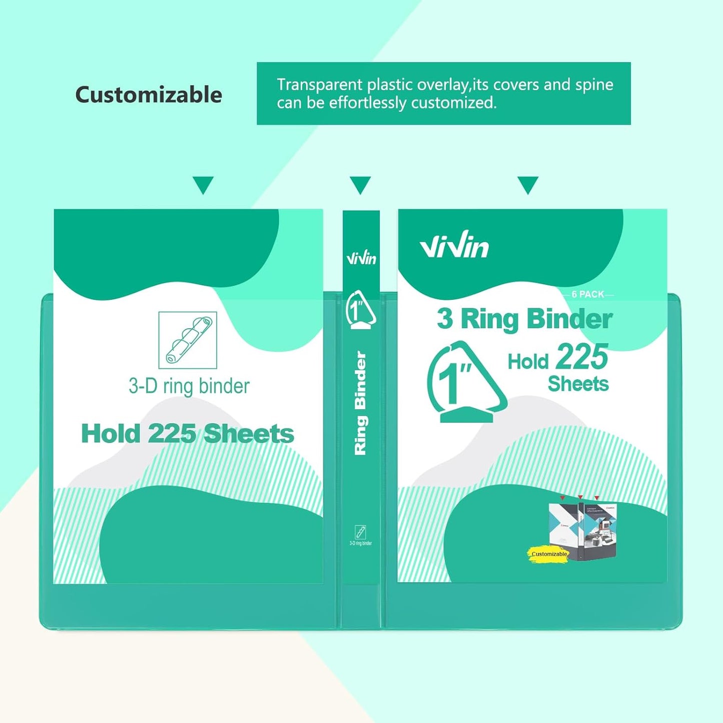 ViVin Sturdy 1 Inch D Ring Binders, 3 Ring Binders with 2 Pockets, Hold 225 Sheets of US Letter Size Paper for Office,Home,School, 6 Pack (Lake Green)