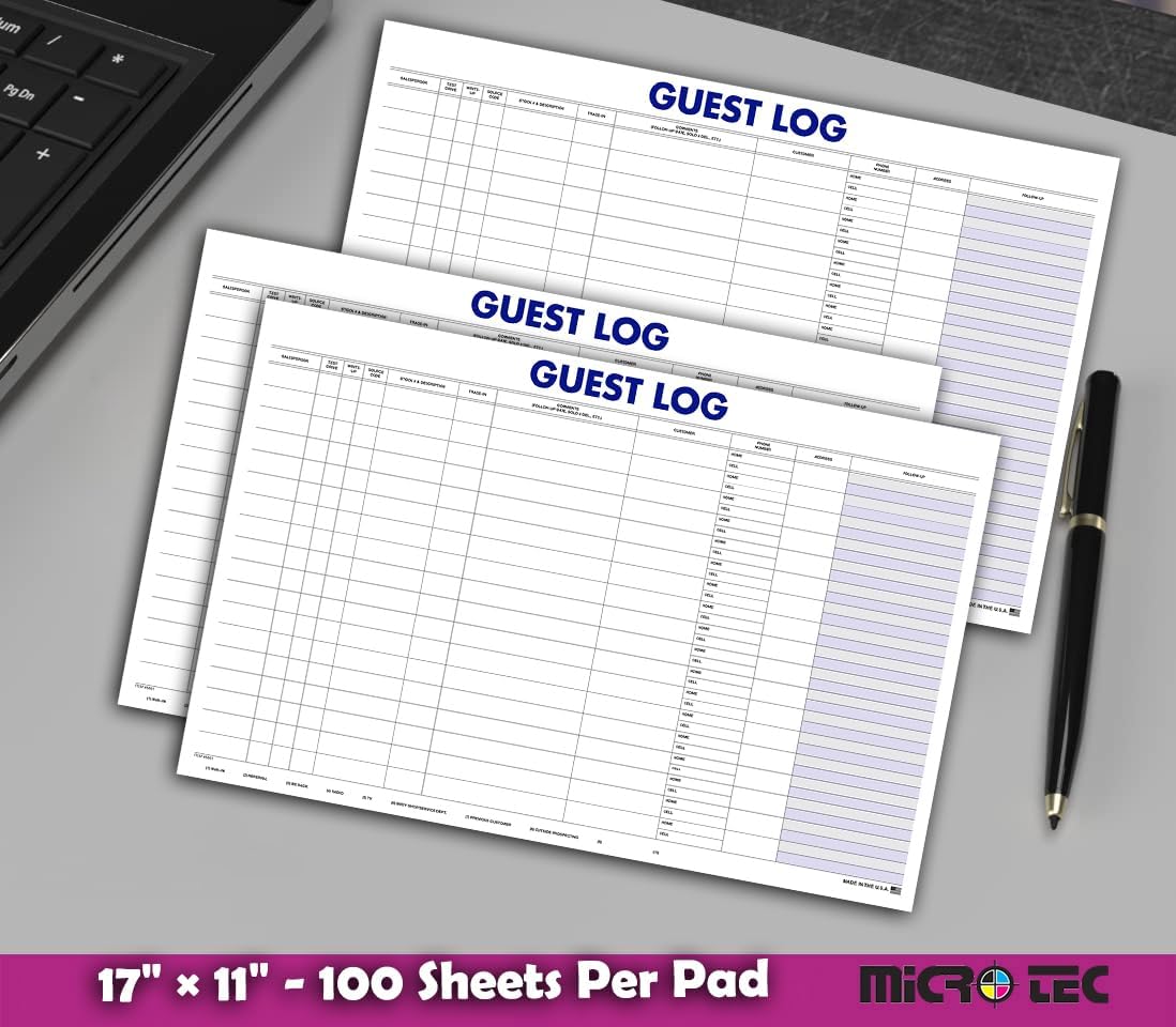 Professional Guest Log Book - Efficiently Track Potential Customers and Follow-Up - Ideal for Automotive Dealerships, Repair Shops, and Service Centers - 17" × 11" - 100 Sheets Per Pad - Pack of 1