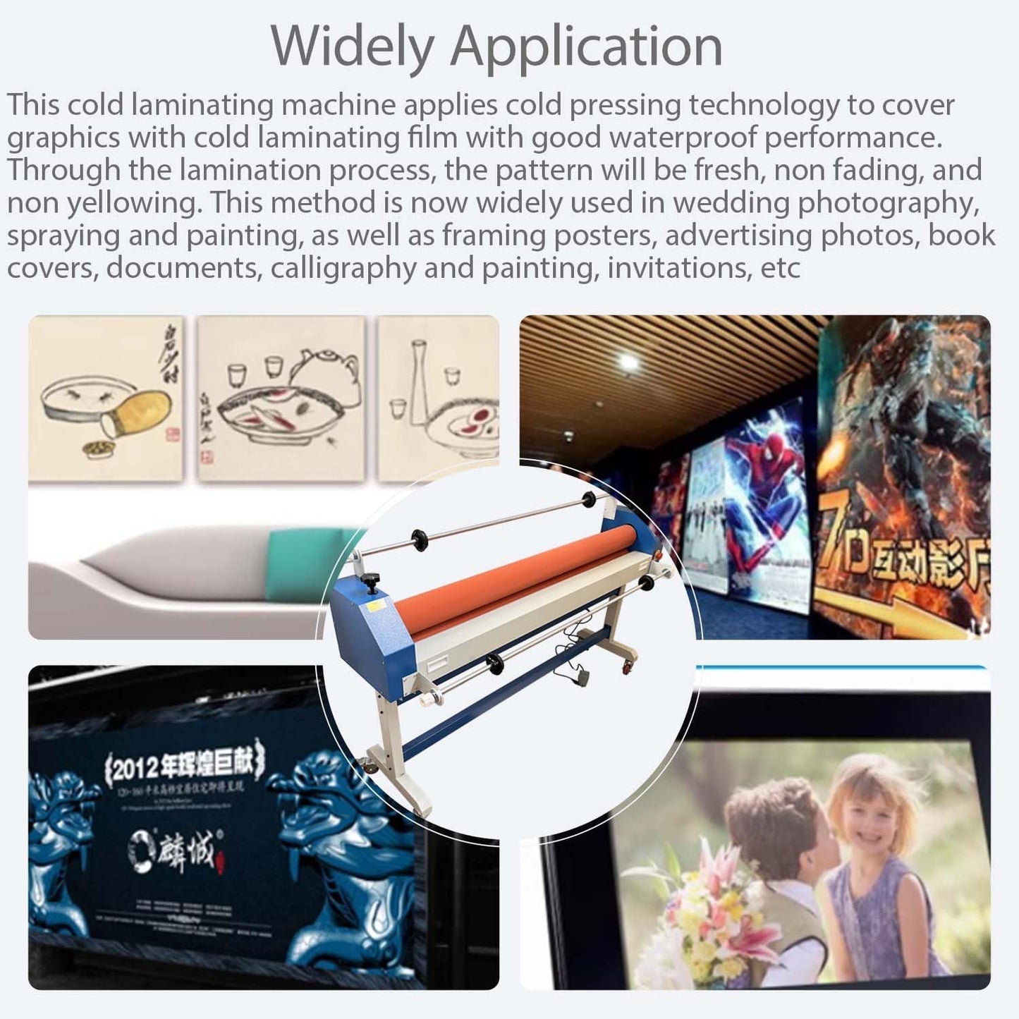 63in Industrial Cold Laminator Electric Manual Cold Roll Laminating Machine with Wide Format Film Hold Rod Casters Vinyl Photo Laminating Machine Soft Rubber Roller for Commercial Offices