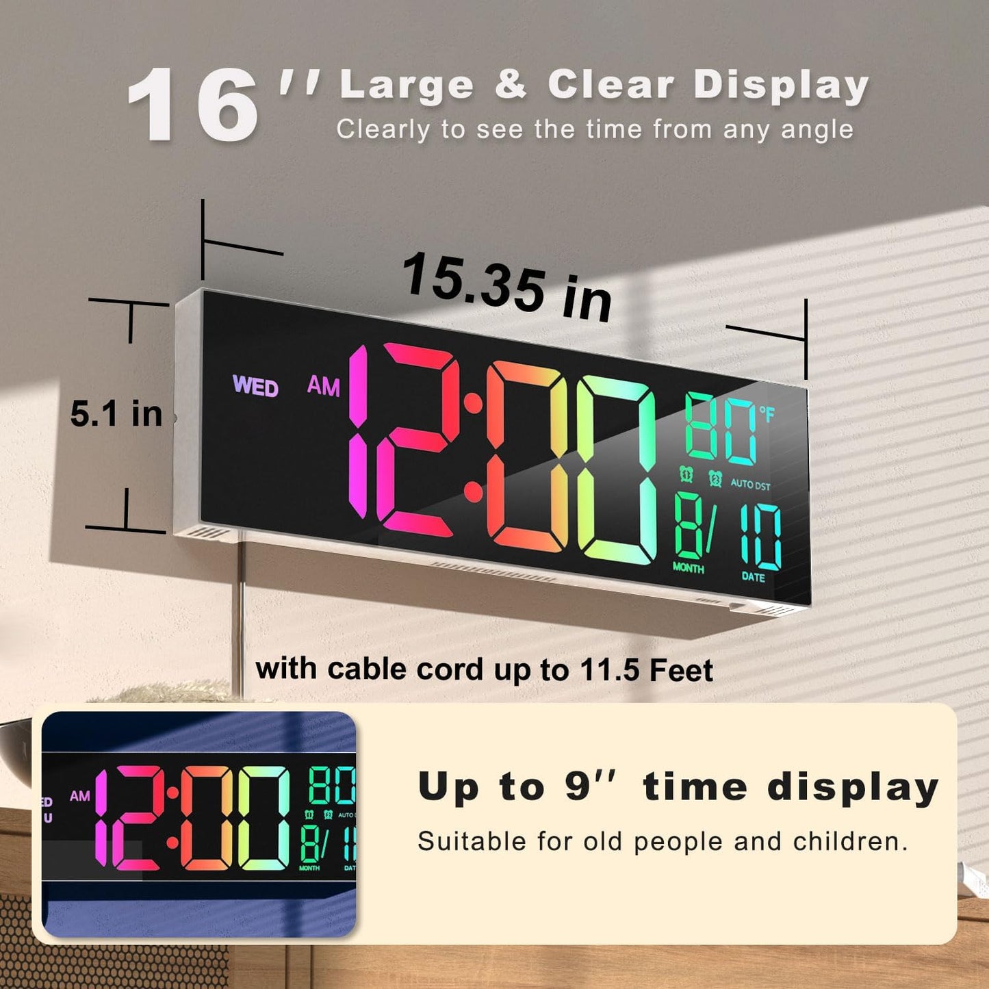 JALL 16" Large Digital Wall Mount Clock, Count Down Timer, Alarm, Big LED, 8 RGB Color, DST, Temperature for Living Room Classroom Desk, Xmas, Birthday Gift for Senior Mom Dad (White Shell, 16 inches)