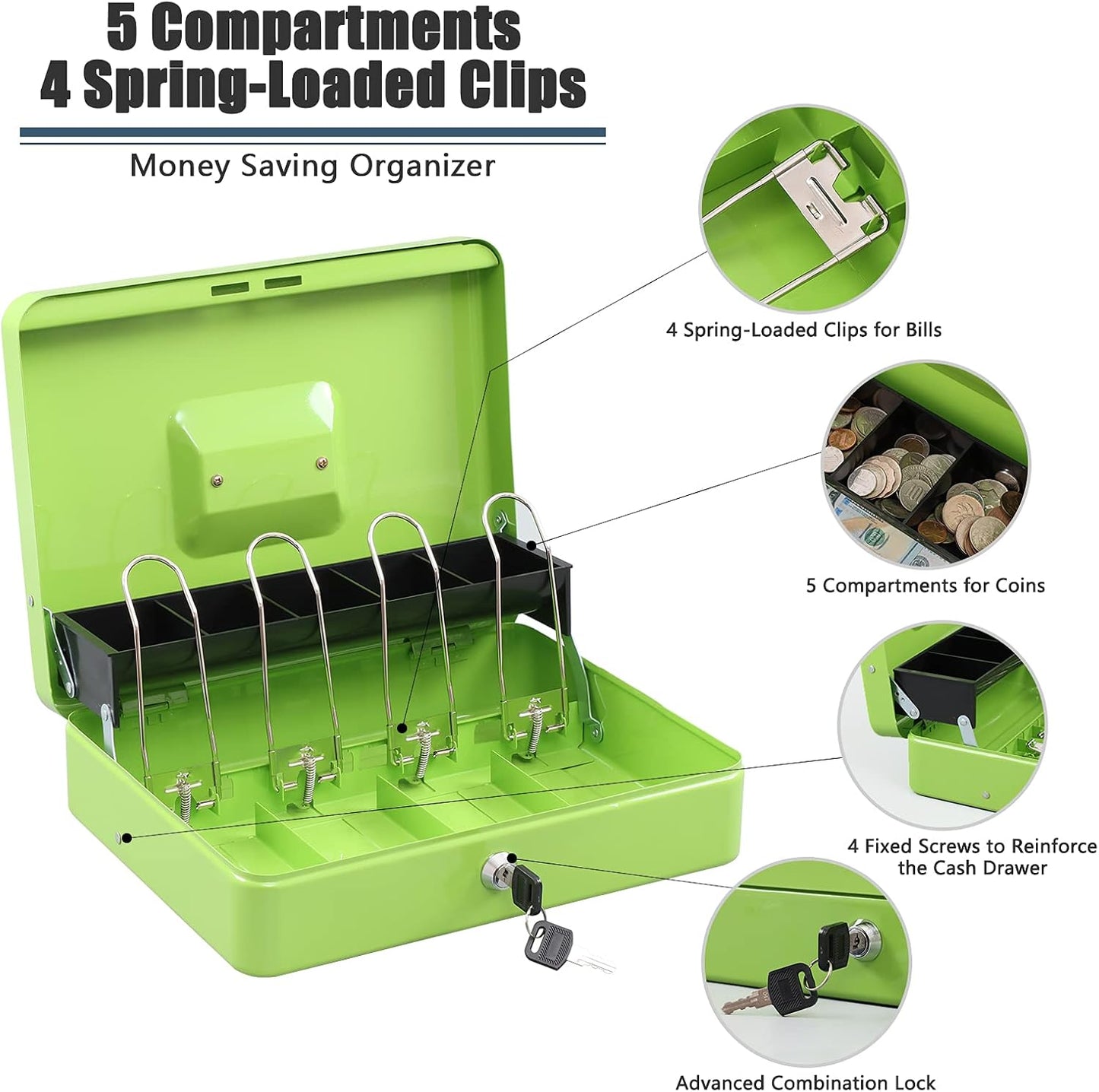 KYODOLED Locking Cash Box with Lock,Money Box with Cash Tray,Lock Safe Box with Key Money Saver,Money Saving Organizer,11.81Lx 9.45Wx 3.54H Inches,Limegreen XL Large
