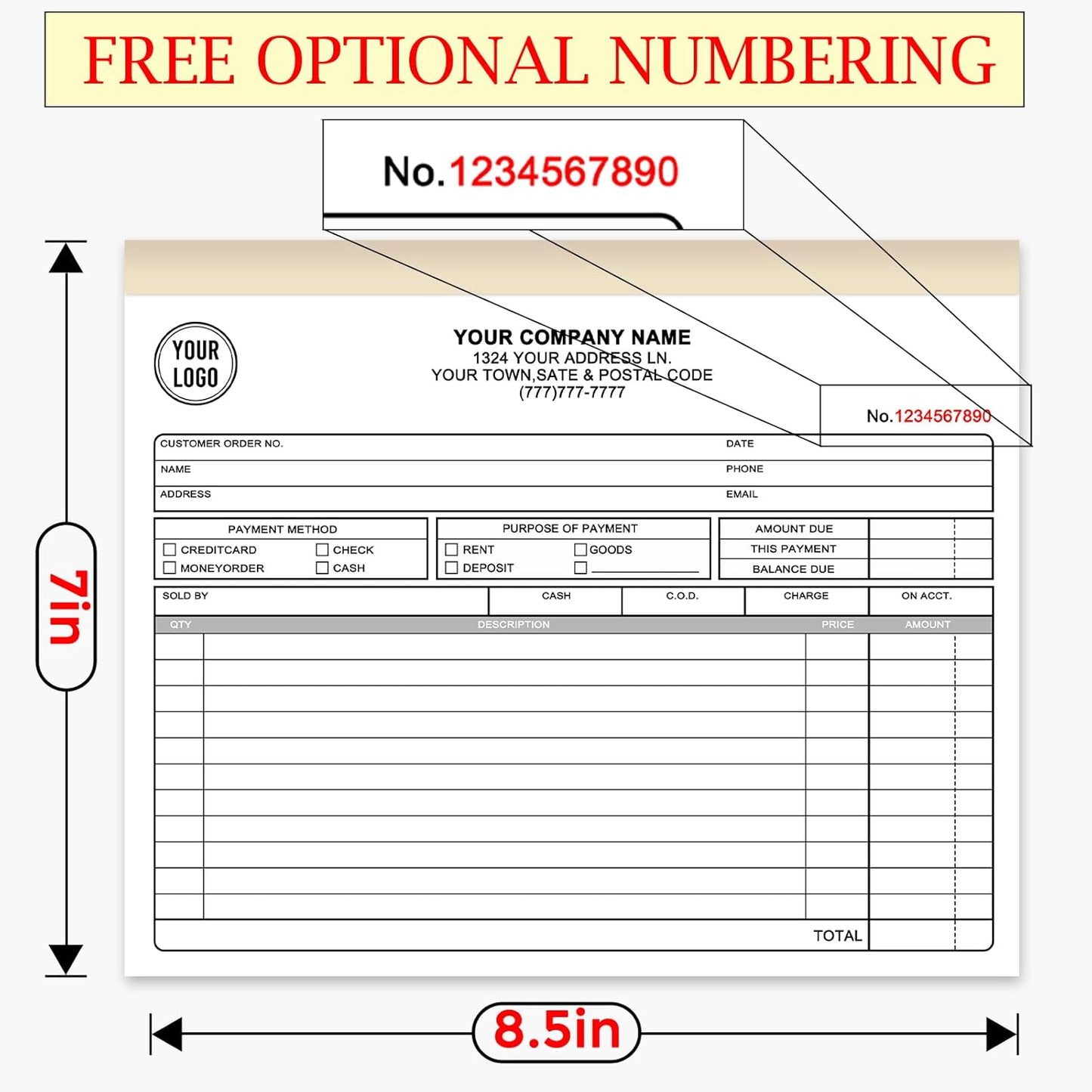 Custom Invoice Book for Small Business,8.5 x 7 Inches Invoice Receipt Book, 3-Part Carbonless Forms, Personalized Company Name, Address, Phone Number
