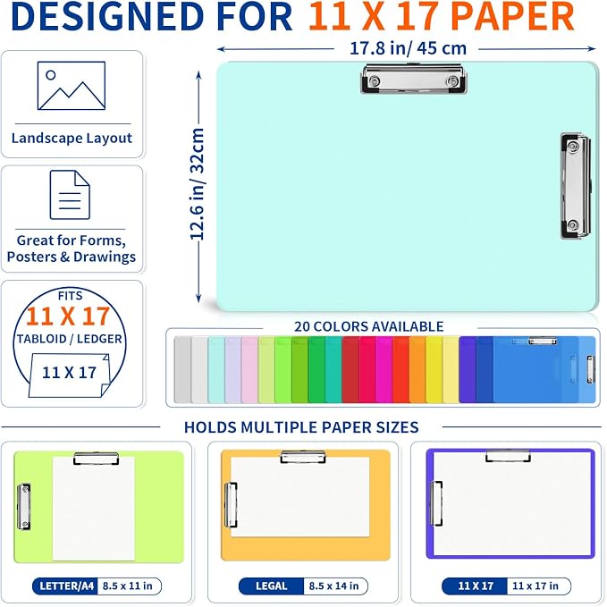 20 Pack 11 x 17 in Plastic Clipboards 20 Colors, Dual Clip Landscape | Portable - Image 2