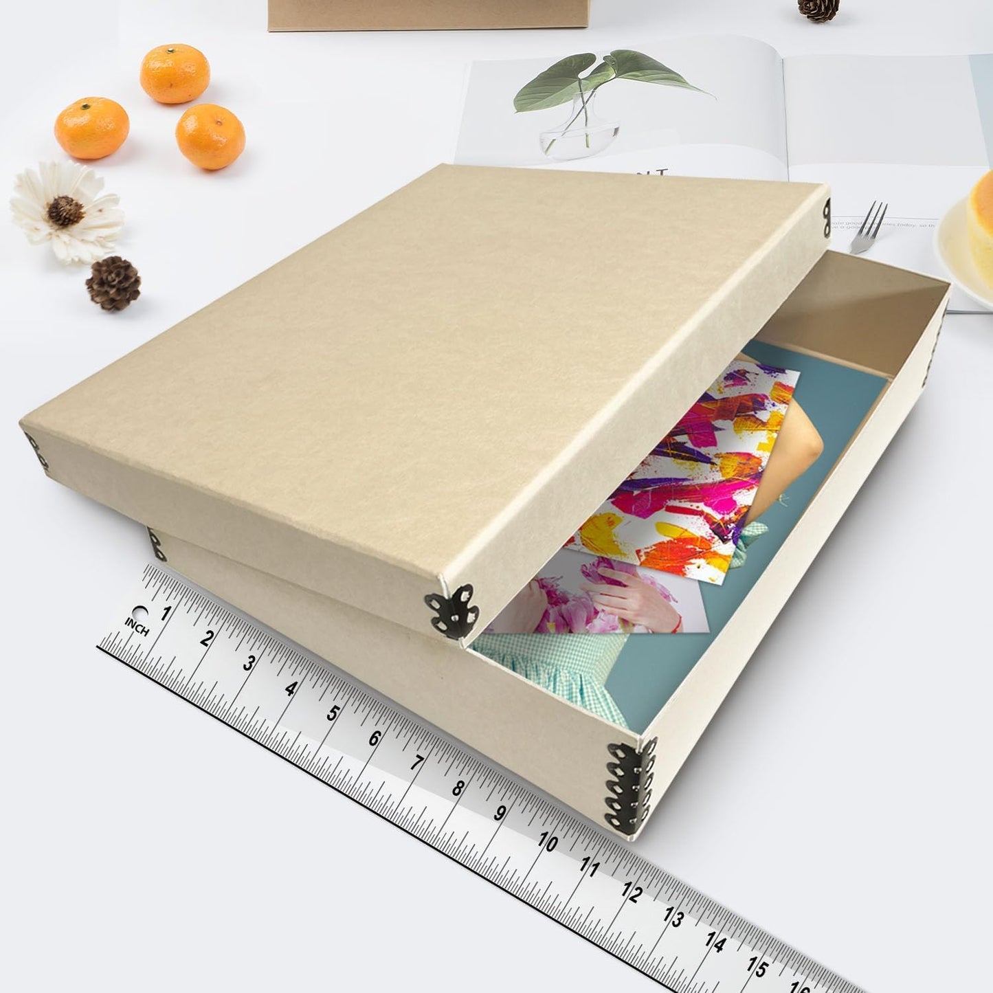 Lineco Museum Archival Storage Box, 11.75x17.75x3.75 in. Drop Front Design. Acid-Free with Metal Edge. Organize Photos, Pictures, Prints, Documents, Crafts, DIY. Tan, 1 Pack