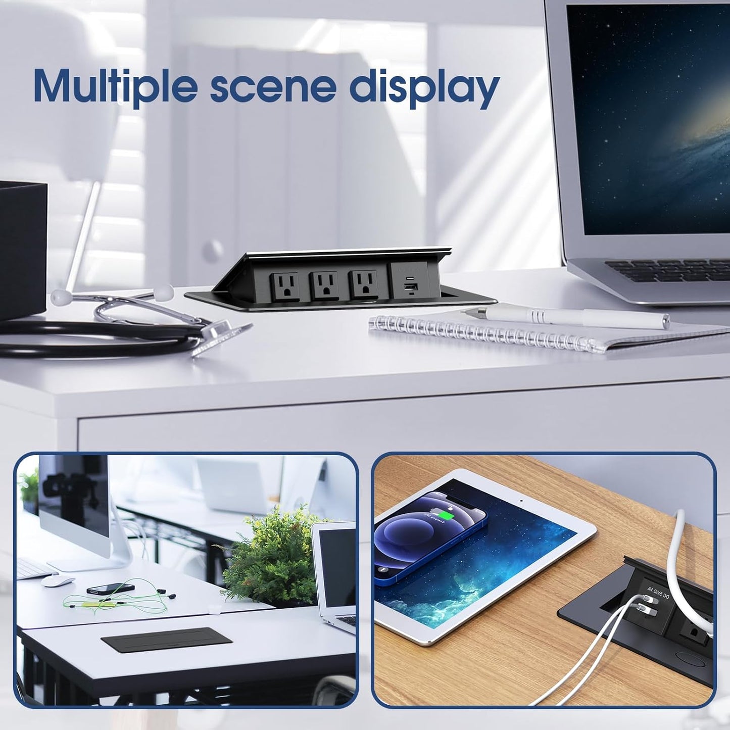 KYHSHJ Connection Box Desktop Pop Up Outlet with 3 * 15A Receptacle，2.1A 1 USB-A Ports &1 USB-C Port，Corrosive Resistant Hardware,Black