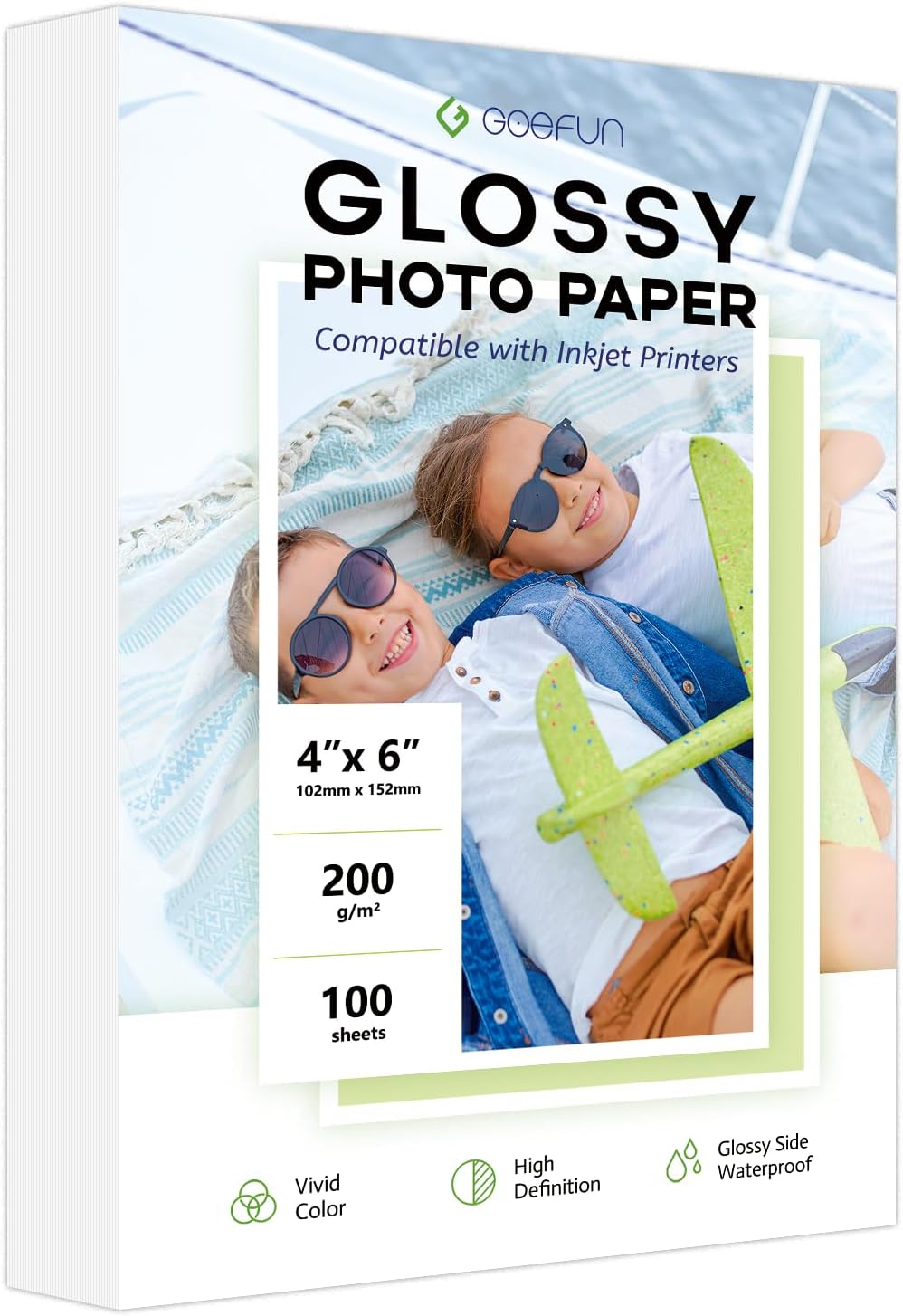4x6 Photo Paper, Goefun 200GSM/54LB Glossy Inkjet Printer Paper for Dye Ink, 100 Sheets