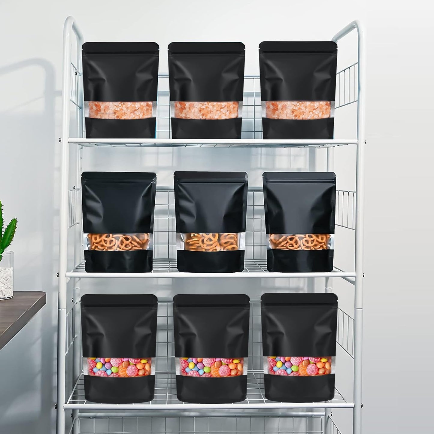 100 Pack Smell Proof Bags, Resealable Food Storage Bags with Clear Window, Stand Up Smell Proof Mylar Bags Self Seal Foil Pouches for Food Storage Packaging (Black, 5.9 x 8.7 Inch)