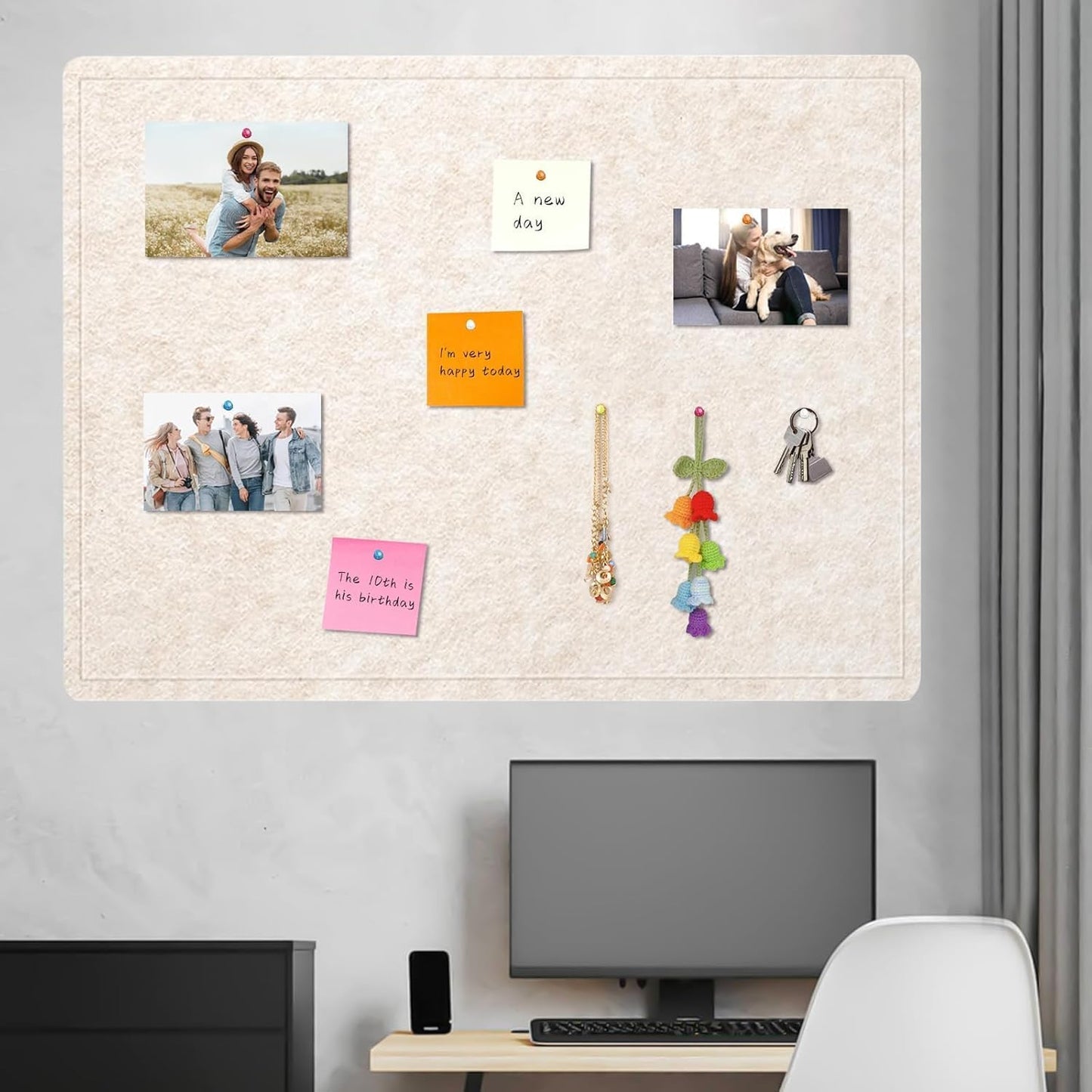 Bulletin Board, 23.5 X 17.5 inches Cork Board with 20 Pushpin, Felt Cork Board Notice Pin Board, Self-Adhesive Vision Board Mood Board Foldable Photo Board for Wall - Oatmeal