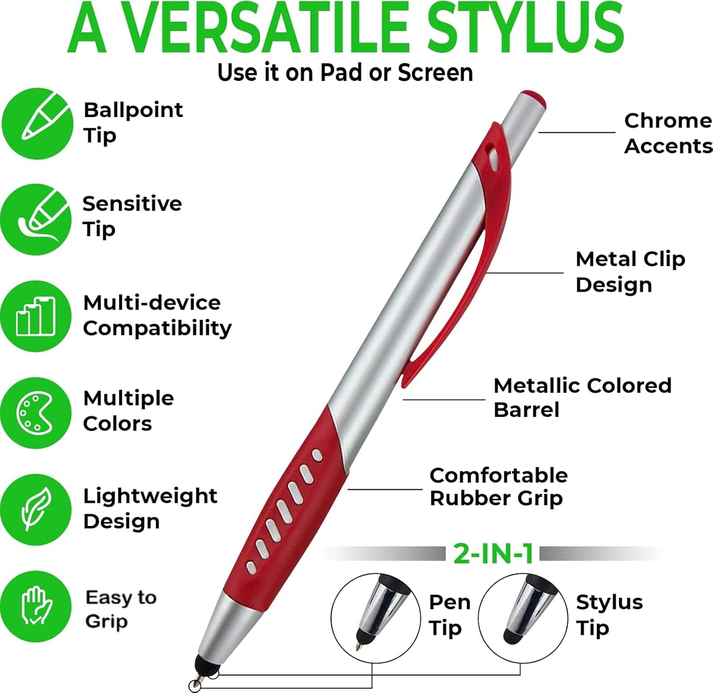 2 in 1 Capacitive Stylus & Ballpoint Pen Comfort Grip for Any Touchscreen Device, iPad, iPhone 6,6 Plus, iPod, Android, Galaxy, Dell, Note, Samsung (Silver-5 Pack)