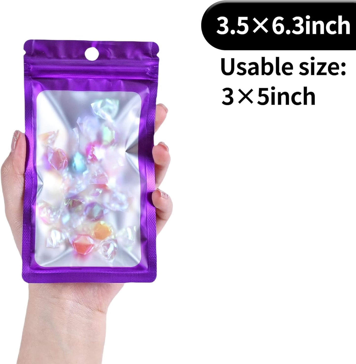 Resealable Mylar Pouch Bag Great for Office Home Party Favor Food Storage (100PCS, Purple Color, 3.5 x 6.3 inch)