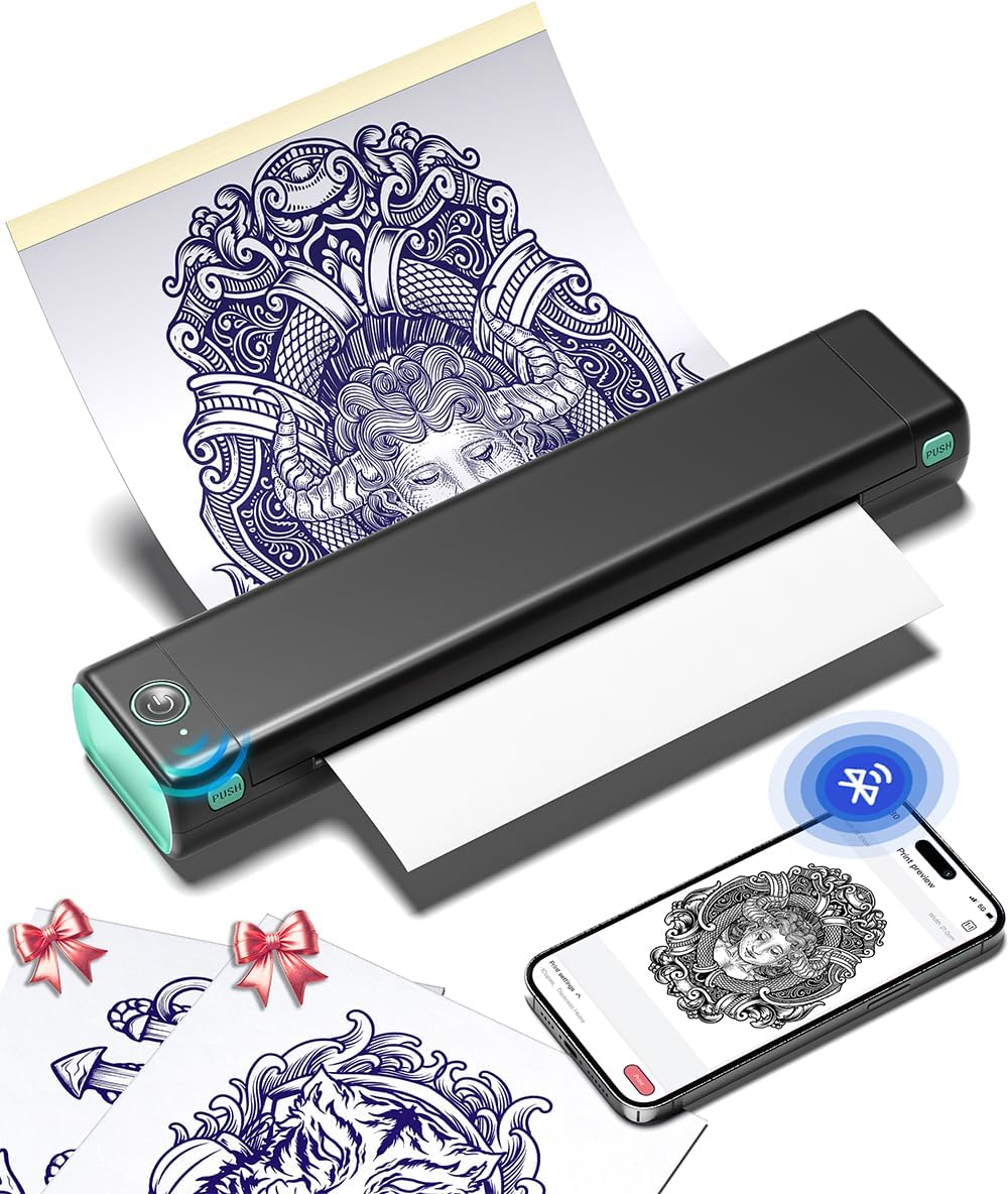 Phomemo M08F Wireless Thermal Tattoo Stencil Printer with 10pcs Transfer Paper, Compatible with Phone/Tablet/PC, Supplies for Tattoo Artists & Beginners, Black & Green