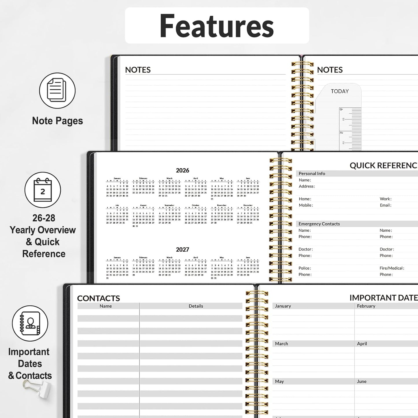 SUNEE 2026 Appointment Planner 15-Minute Time Block – Weekly & Monthly Spiral Organizer with Note Section – Thick Paper, Lay-Flat Bound – 8.5 x 11 for Office, School, Salon, Men & Women, Black